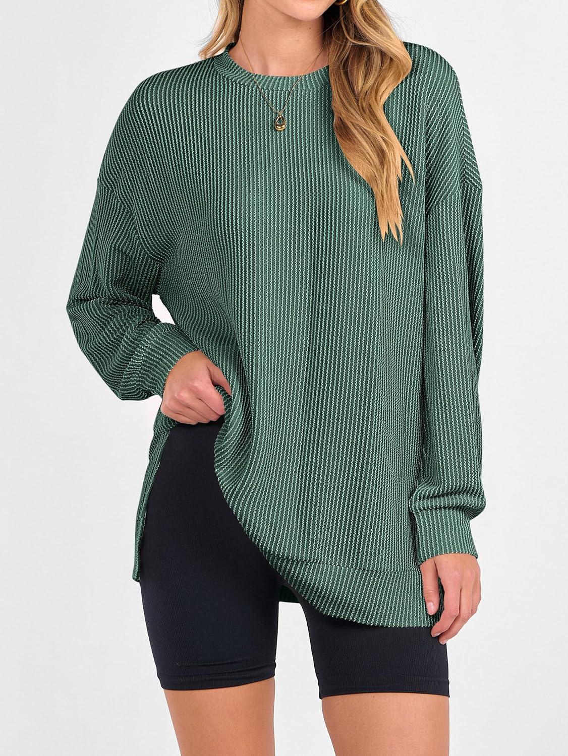 imageANRABESS Womens Oversized Long Sleeve Shirts Ribbed Knit Tunic Tops Side Spilt Casual 2025 Fall OutfitsGreen