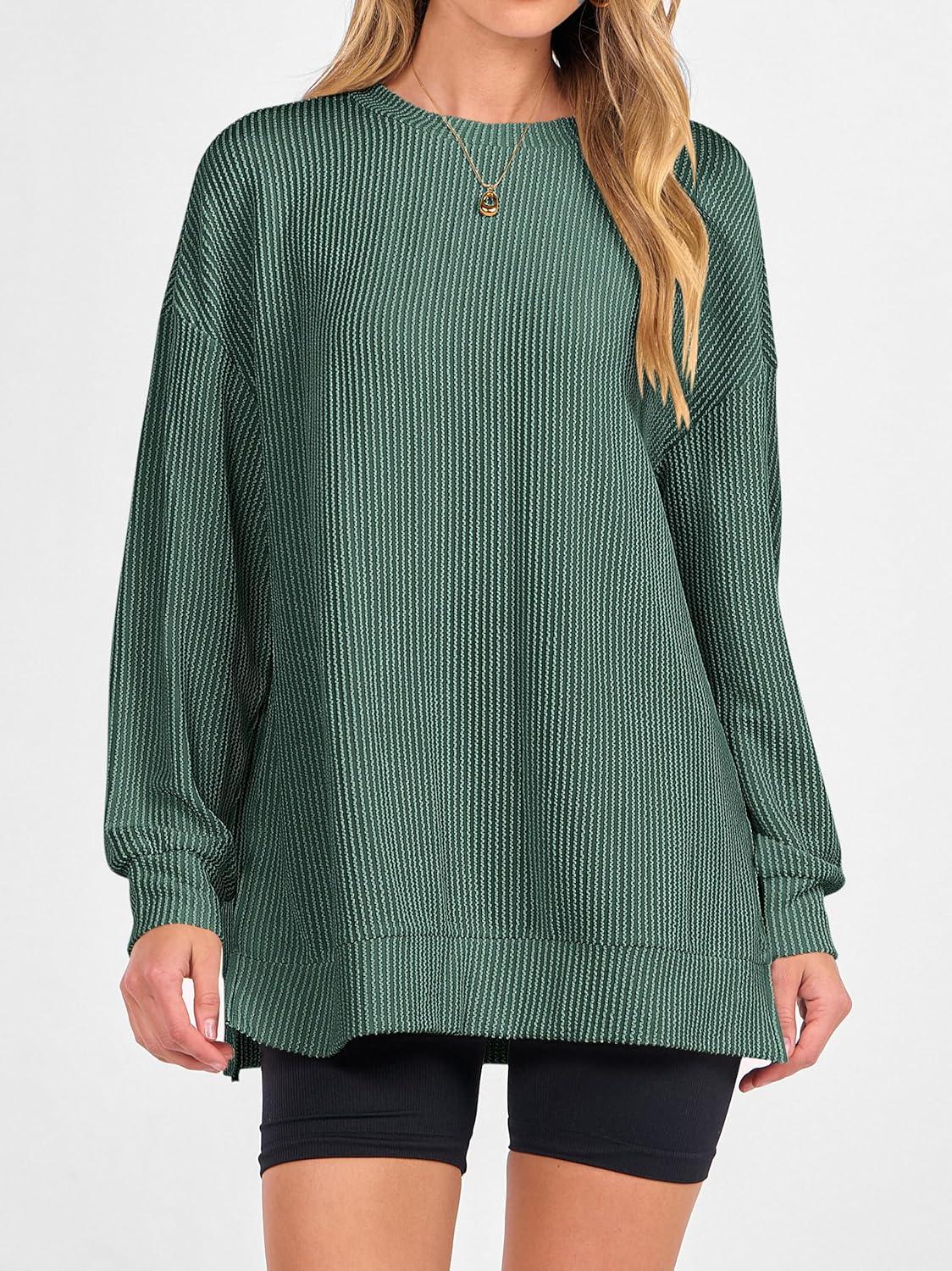 imageANRABESS Womens Oversized Long Sleeve Shirts Ribbed Knit Tunic Tops Side Spilt Casual 2025 Fall OutfitsGreen