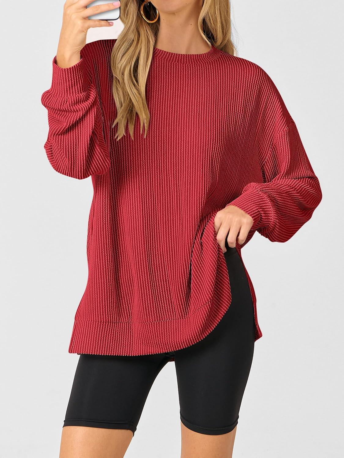 imageANRABESS Womens Oversized Long Sleeve Shirts Ribbed Knit Tunic Tops Side Spilt Casual 2025 Fall OutfitsRed