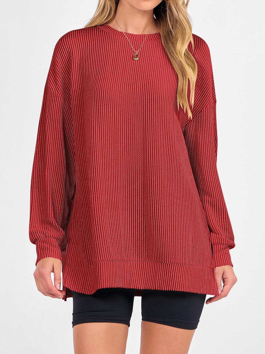 imageANRABESS Womens Oversized Long Sleeve Shirts Ribbed Knit Tunic Tops Side Spilt Casual 2025 Fall OutfitsRed
