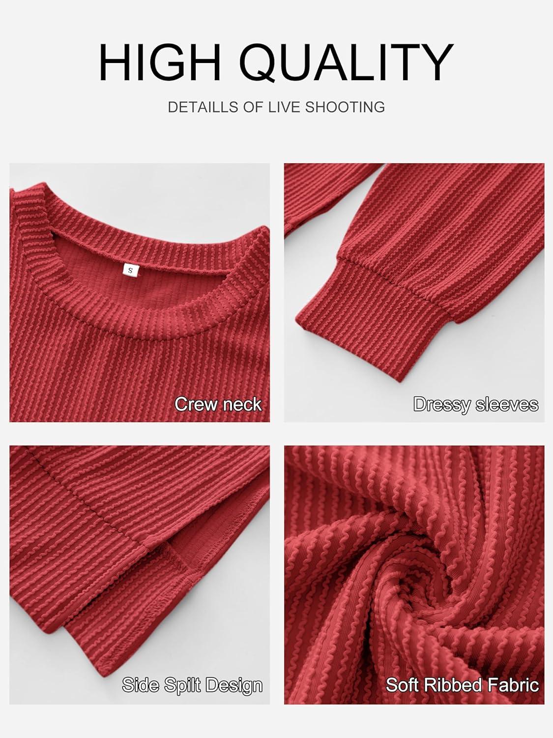 imageANRABESS Womens Oversized Long Sleeve Shirts Ribbed Knit Tunic Tops Side Spilt Casual 2025 Fall OutfitsRed