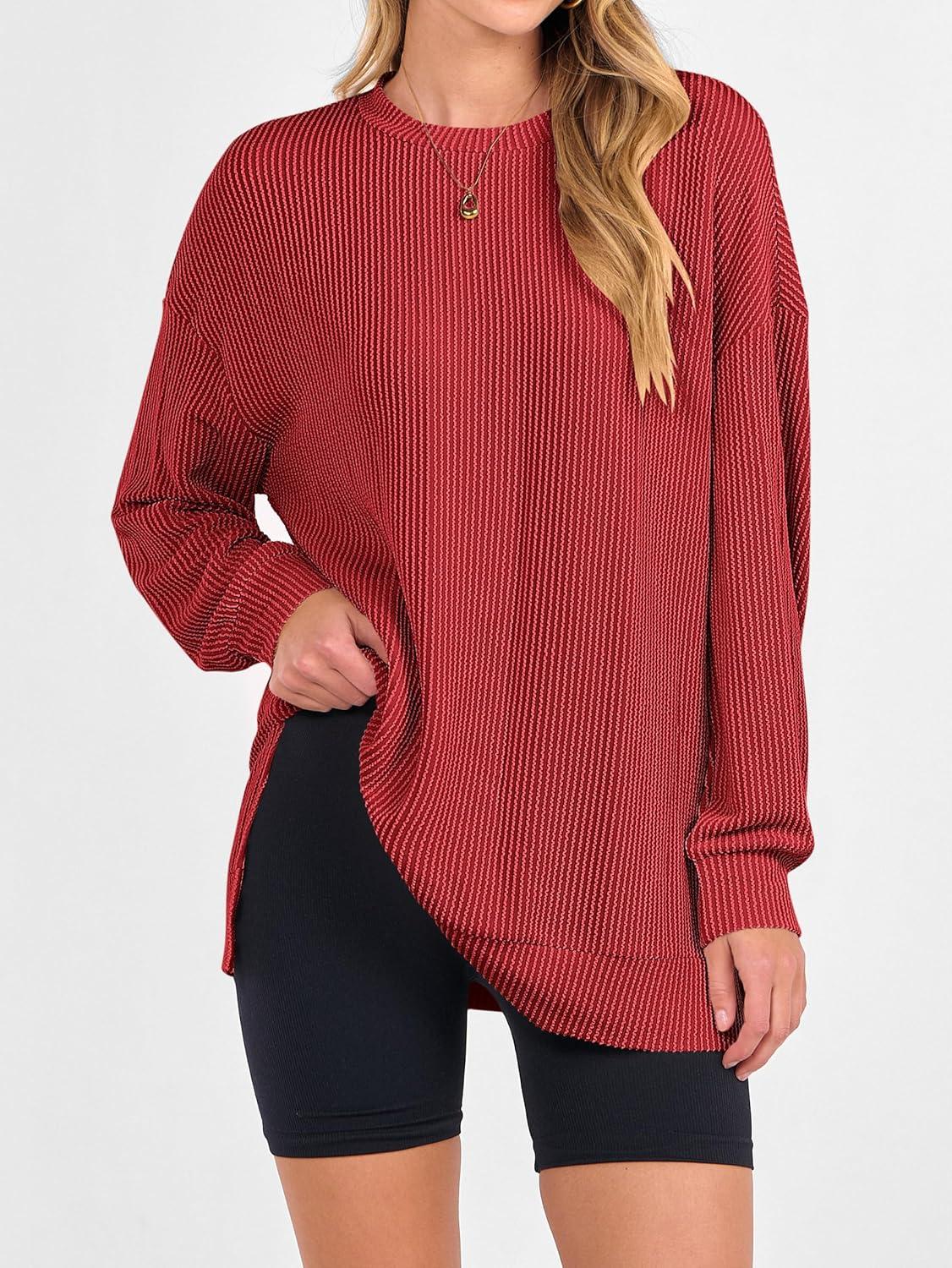 imageANRABESS Womens Oversized Long Sleeve Shirts Ribbed Knit Tunic Tops Side Spilt Casual 2025 Fall OutfitsRed