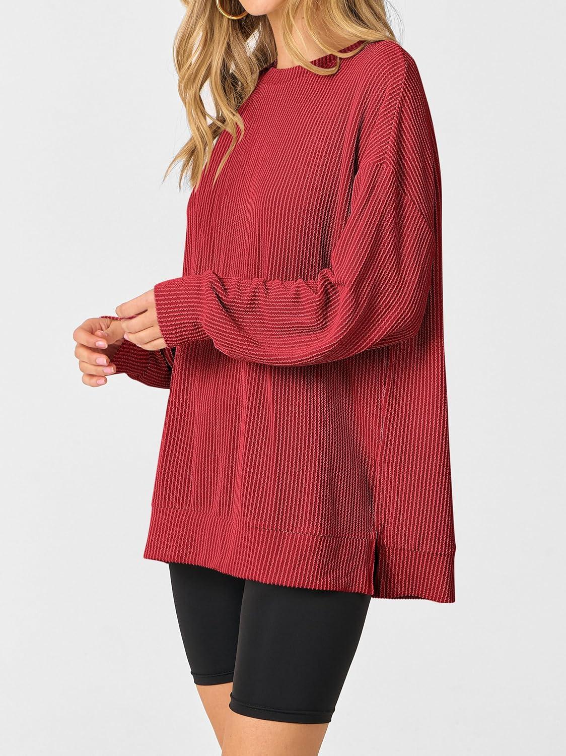 imageANRABESS Womens Oversized Long Sleeve Shirts Ribbed Knit Tunic Tops Side Spilt Casual 2025 Fall OutfitsRed