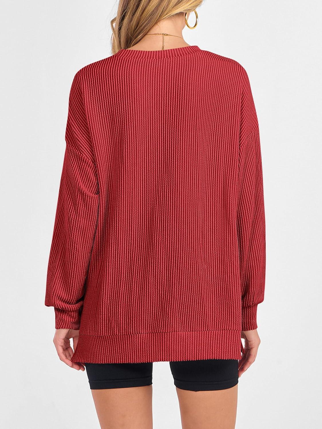 imageANRABESS Womens Oversized Long Sleeve Shirts Ribbed Knit Tunic Tops Side Spilt Casual 2025 Fall OutfitsRed