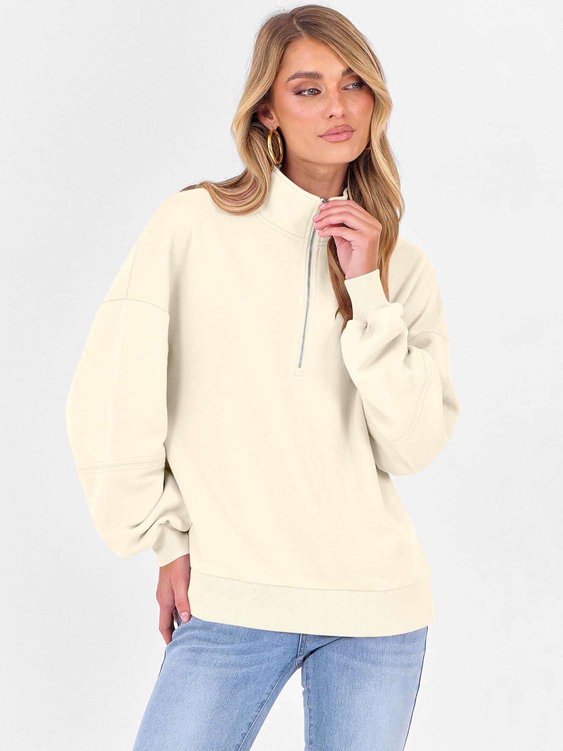imageANRABESS Womens Oversized Sweatshirts Quarter Zip Long Sleeve Comfy Casual Pullover Tops 2025 Fall Trendy Y2K OutfitsAlmond