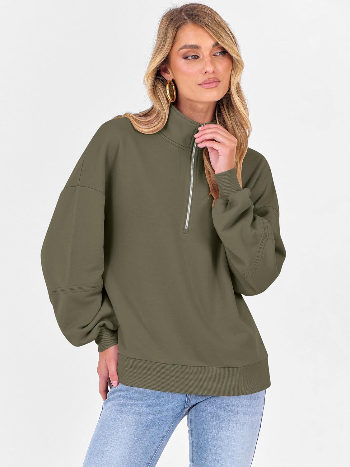 imageANRABESS Womens Oversized Sweatshirts Quarter Zip Long Sleeve Comfy Casual Pullover Tops 2025 Fall Trendy Y2K OutfitsArmy Green