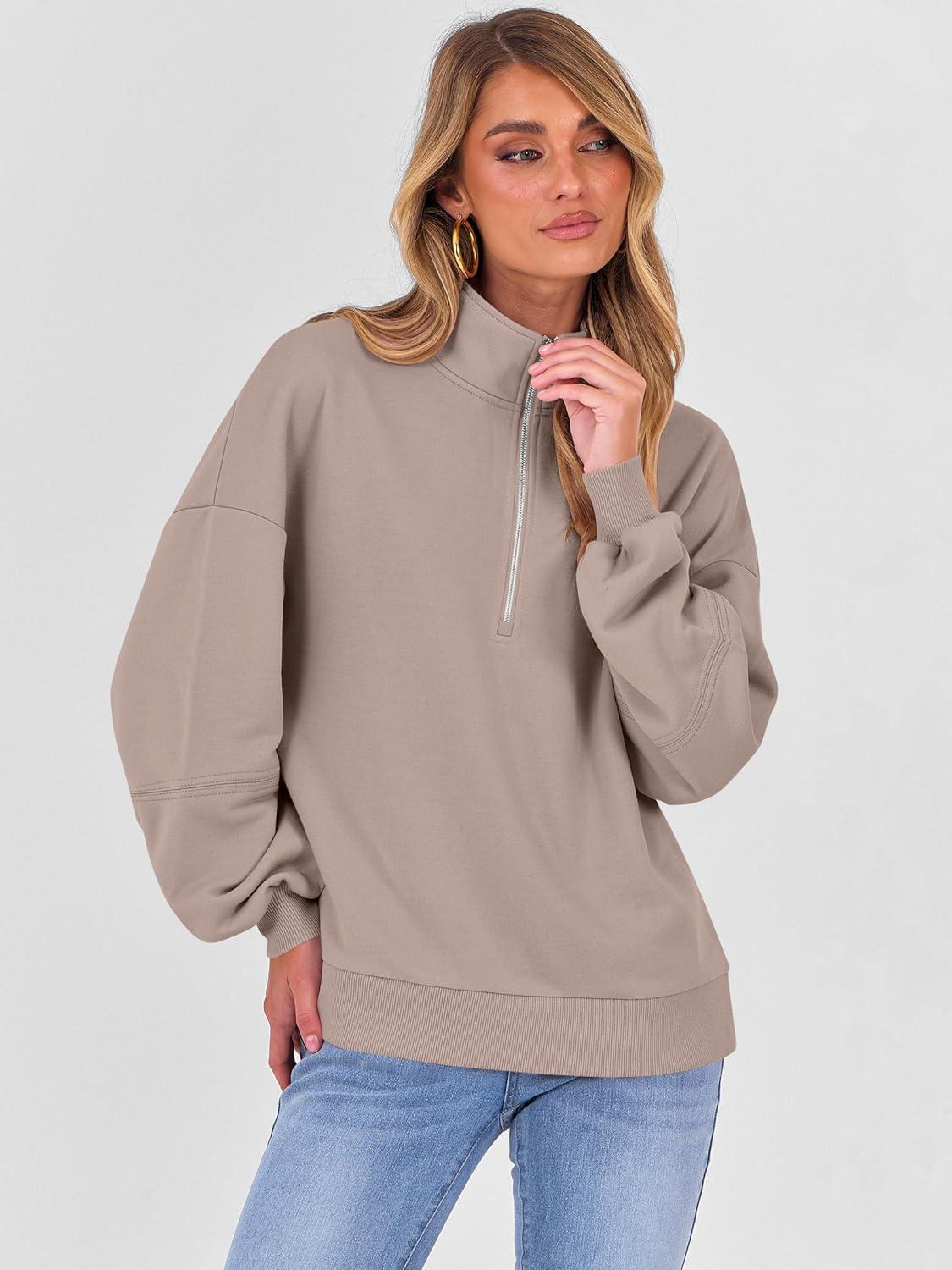 imageANRABESS Womens Oversized Sweatshirts Quarter Zip Long Sleeve Comfy Casual Pullover Tops 2025 Fall Trendy Y2K OutfitsKhaki