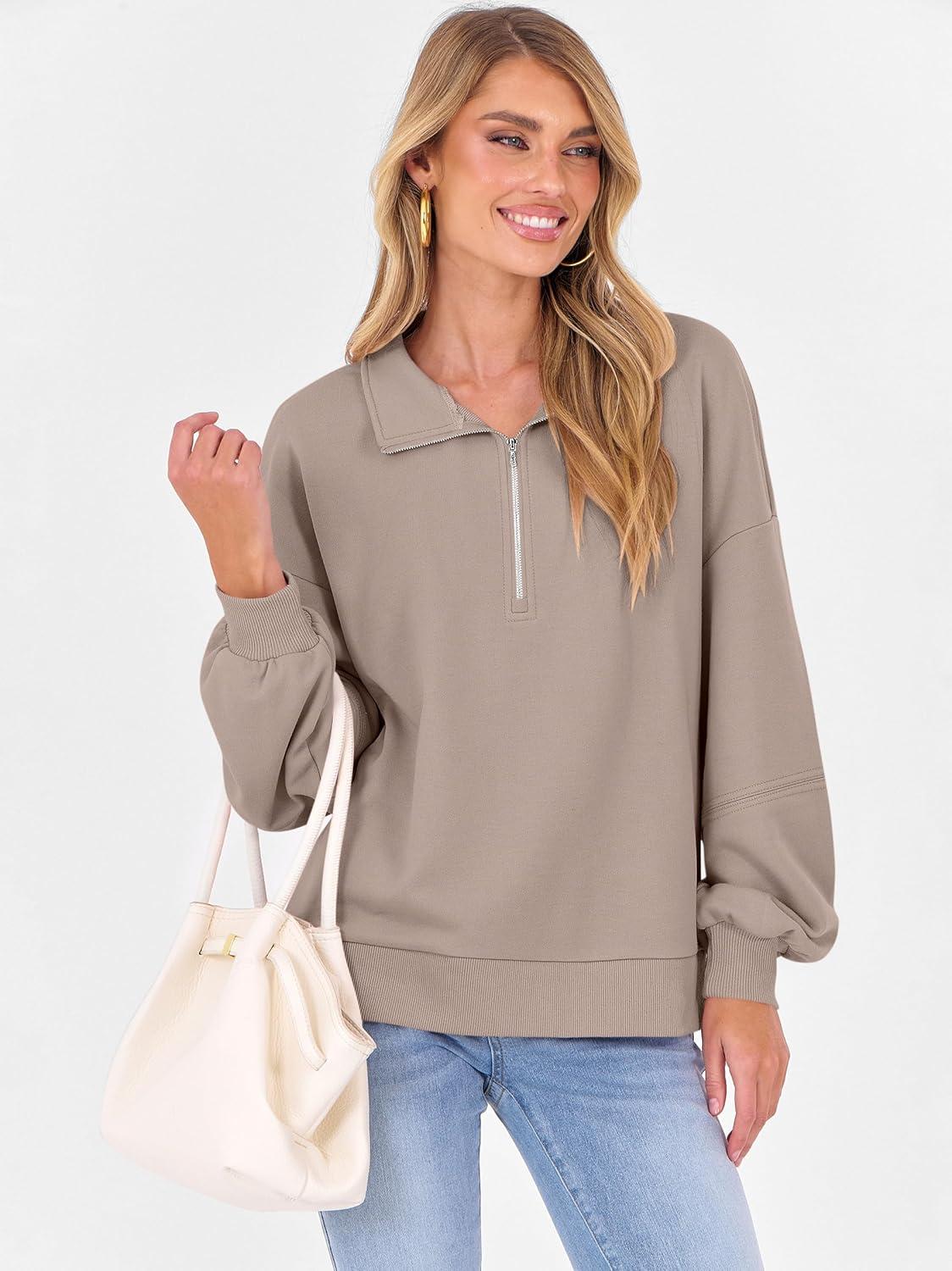 imageANRABESS Womens Oversized Sweatshirts Quarter Zip Long Sleeve Comfy Casual Pullover Tops 2025 Fall Trendy Y2K OutfitsKhaki