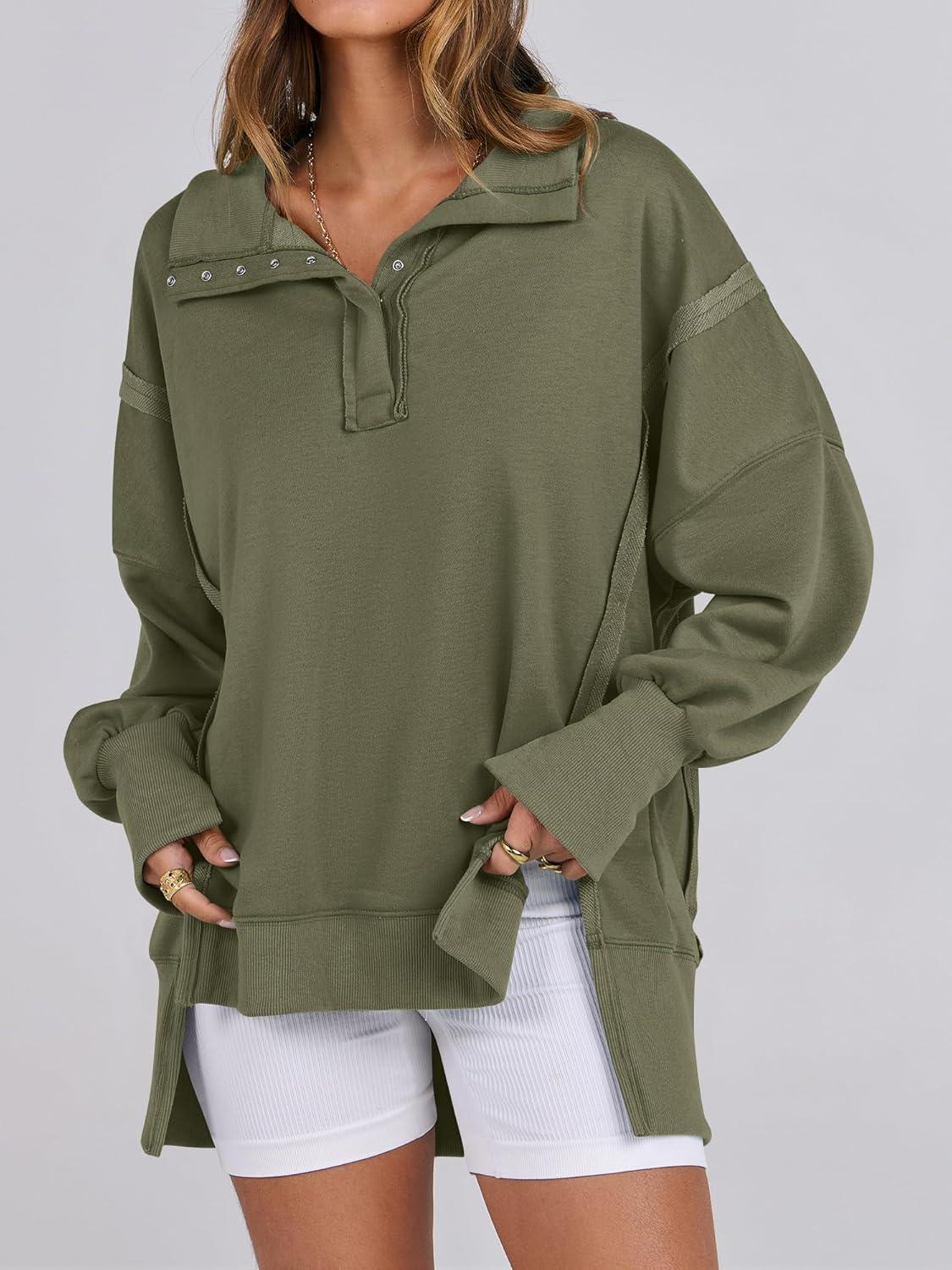 imageANRABESS Womens Sweatshirts Oversized Casual Loose Button Up Henley Pullover Top High Low Split 2025 Fall Fashion OutfitsArmy Green