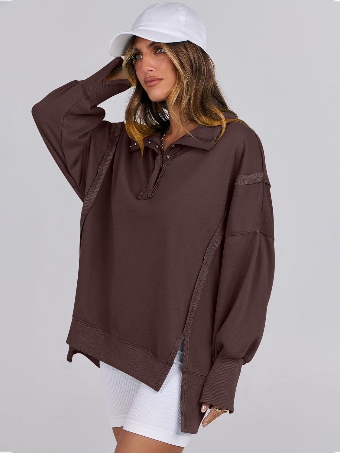 imageANRABESS Womens Sweatshirts Oversized Casual Loose Button Up Henley Pullover Top High Low Split 2025 Fall Fashion OutfitsCoffee