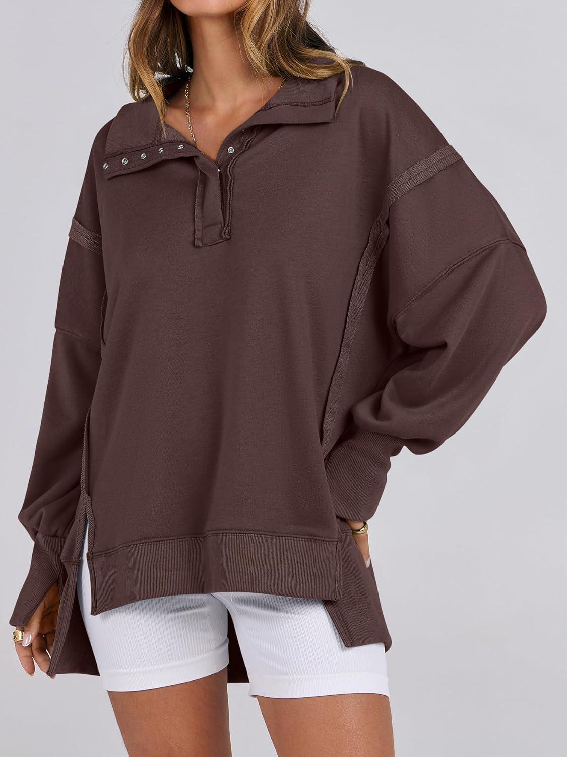 imageANRABESS Womens Sweatshirts Oversized Casual Loose Button Up Henley Pullover Top High Low Split 2025 Fall Fashion OutfitsCoffee