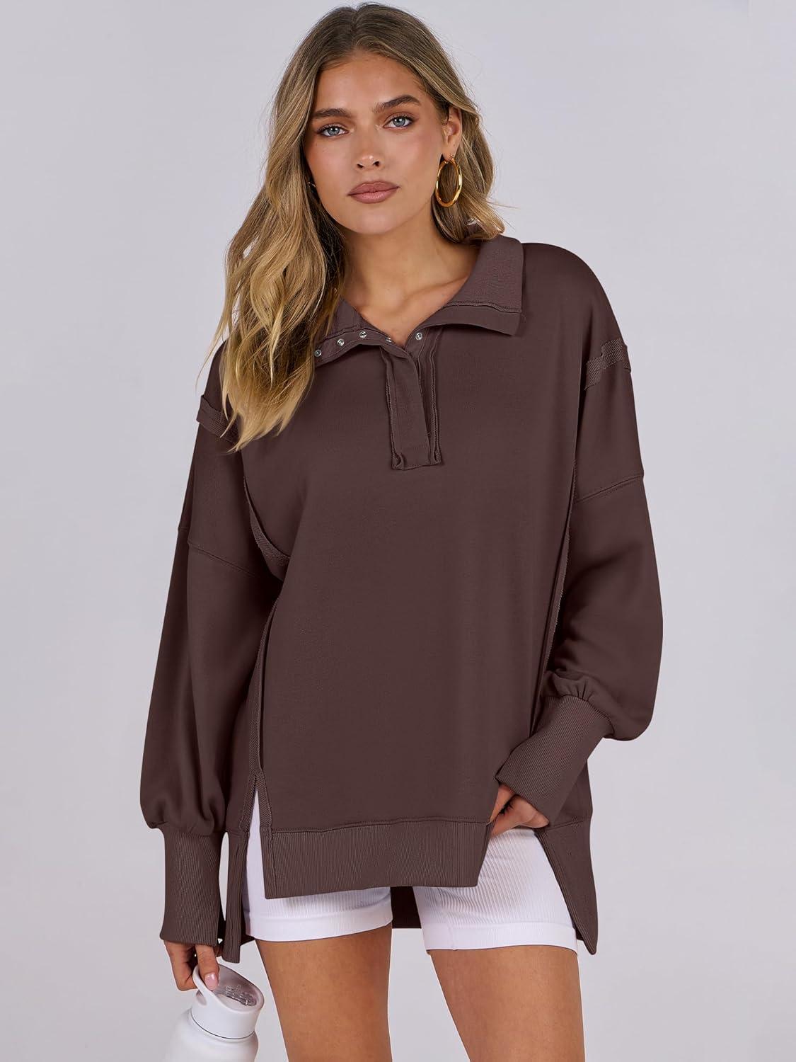imageANRABESS Womens Sweatshirts Oversized Casual Loose Button Up Henley Pullover Top High Low Split 2025 Fall Fashion OutfitsCoffee
