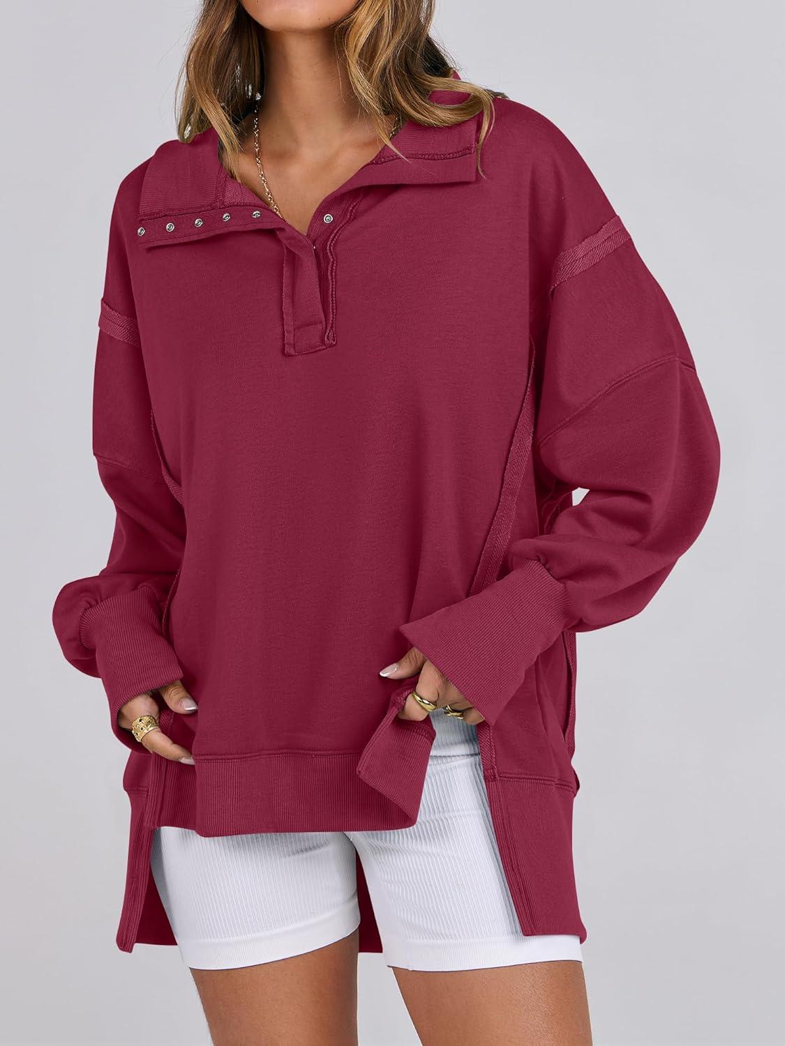 imageANRABESS Womens Sweatshirts Oversized Casual Loose Button Up Henley Pullover Top High Low Split 2025 Fall Fashion OutfitsDeep Red
