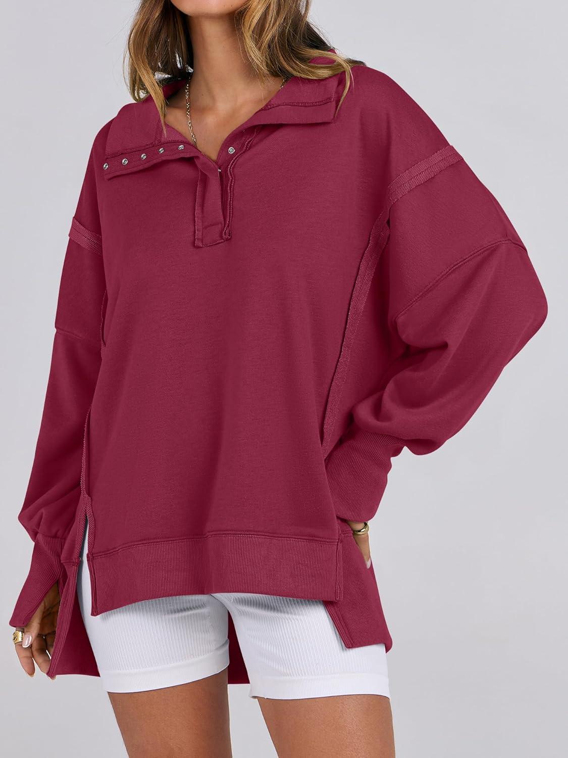 imageANRABESS Womens Sweatshirts Oversized Casual Loose Button Up Henley Pullover Top High Low Split 2025 Fall Fashion OutfitsDeep Red