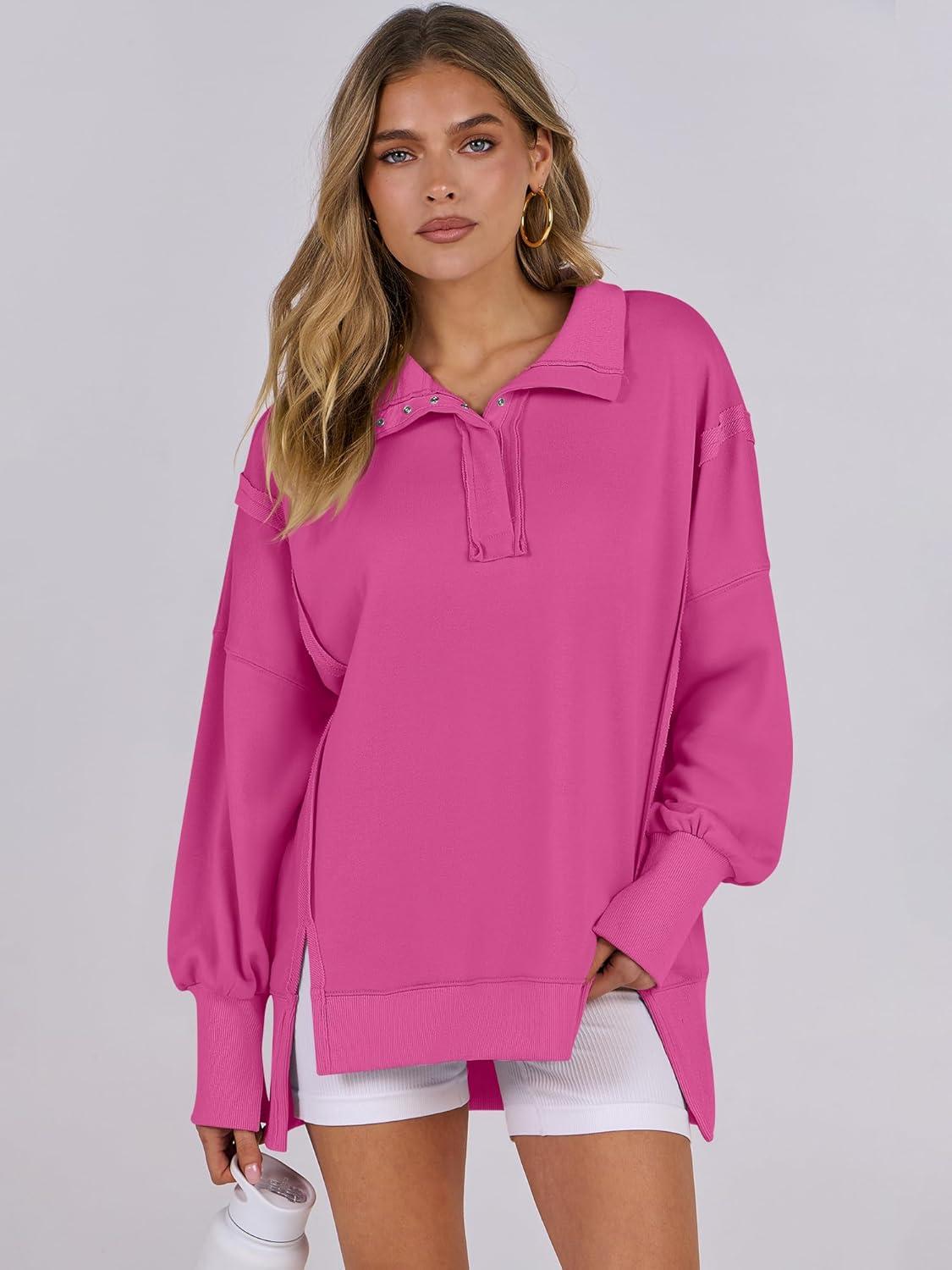 imageANRABESS Womens Sweatshirts Oversized Casual Loose Button Up Henley Pullover Top High Low Split 2025 Fall Fashion OutfitsHot Pink