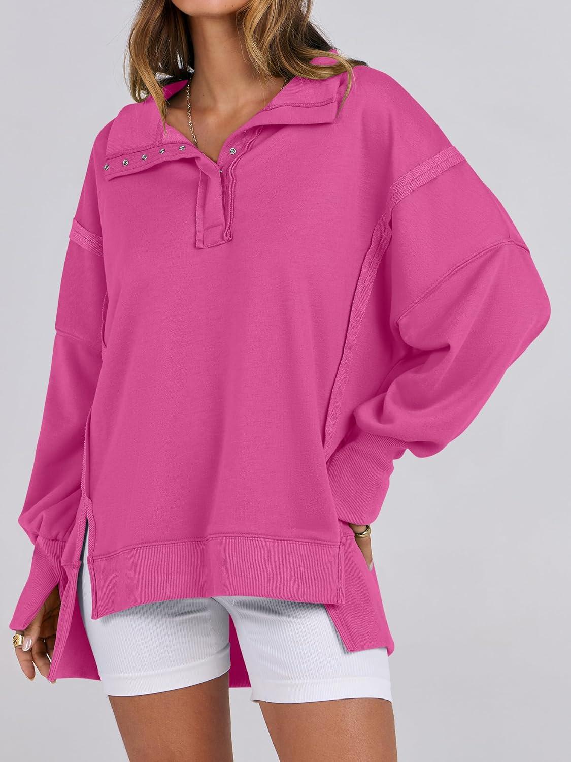 imageANRABESS Womens Sweatshirts Oversized Casual Loose Button Up Henley Pullover Top High Low Split 2025 Fall Fashion OutfitsHot Pink