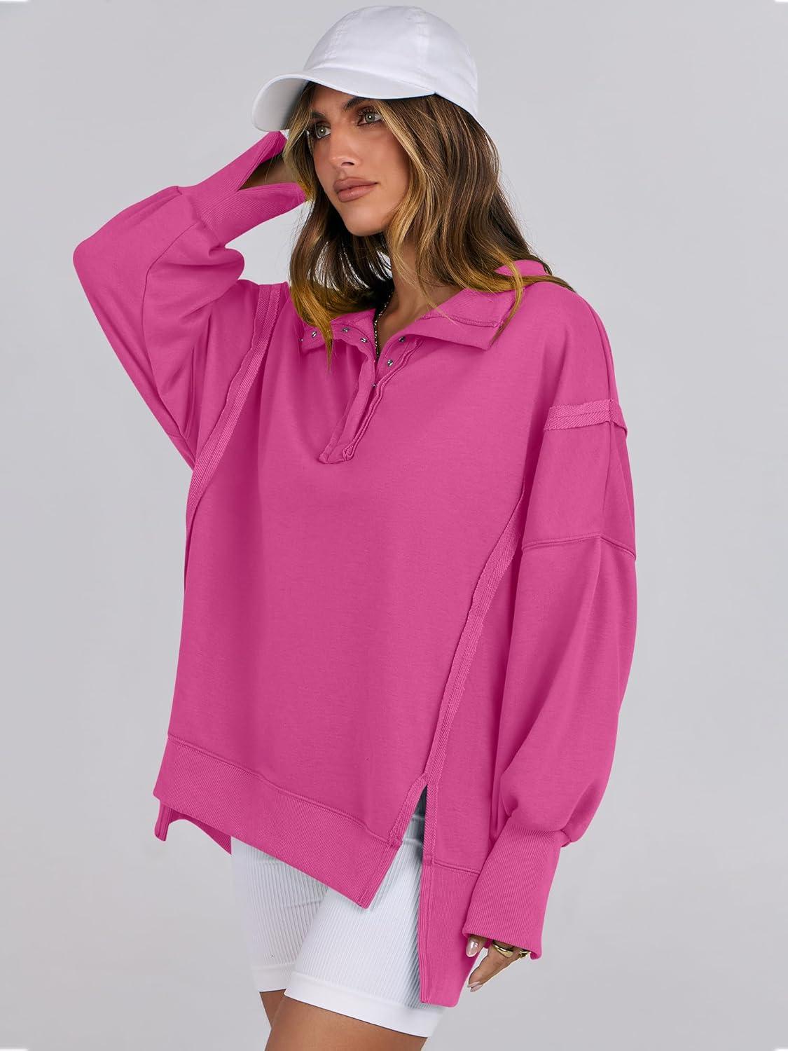 imageANRABESS Womens Sweatshirts Oversized Casual Loose Button Up Henley Pullover Top High Low Split 2025 Fall Fashion OutfitsHot Pink