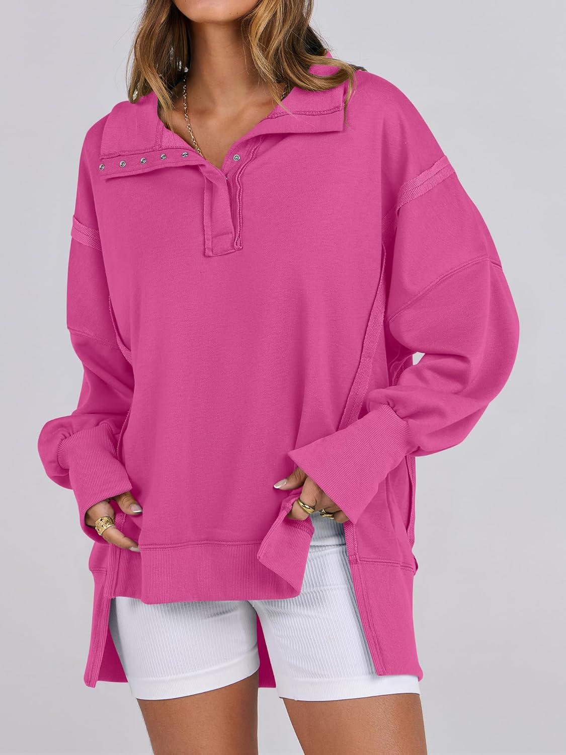 imageANRABESS Womens Sweatshirts Oversized Casual Loose Button Up Henley Pullover Top High Low Split 2025 Fall Fashion OutfitsHot Pink