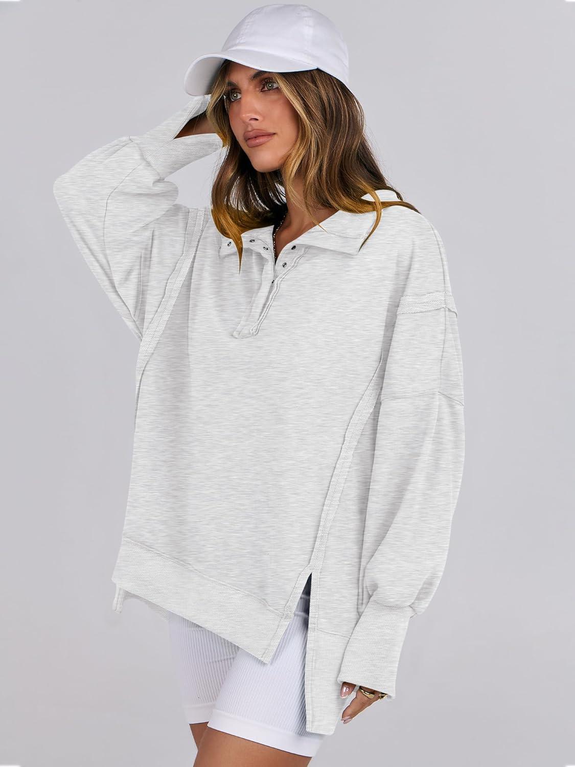 imageANRABESS Womens Sweatshirts Oversized Casual Loose Button Up Henley Pullover Top High Low Split 2025 Fall Fashion OutfitsLight Grey