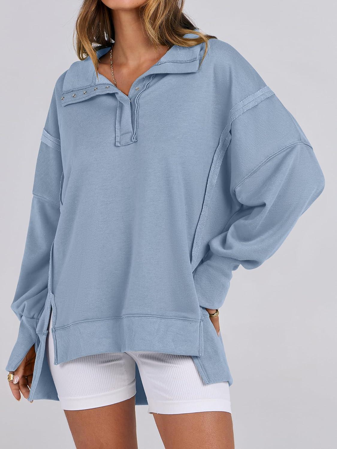 imageANRABESS Womens Sweatshirts Oversized Casual Loose Button Up Henley Pullover Top High Low Split 2025 Fall Fashion OutfitsLight Grey Blue