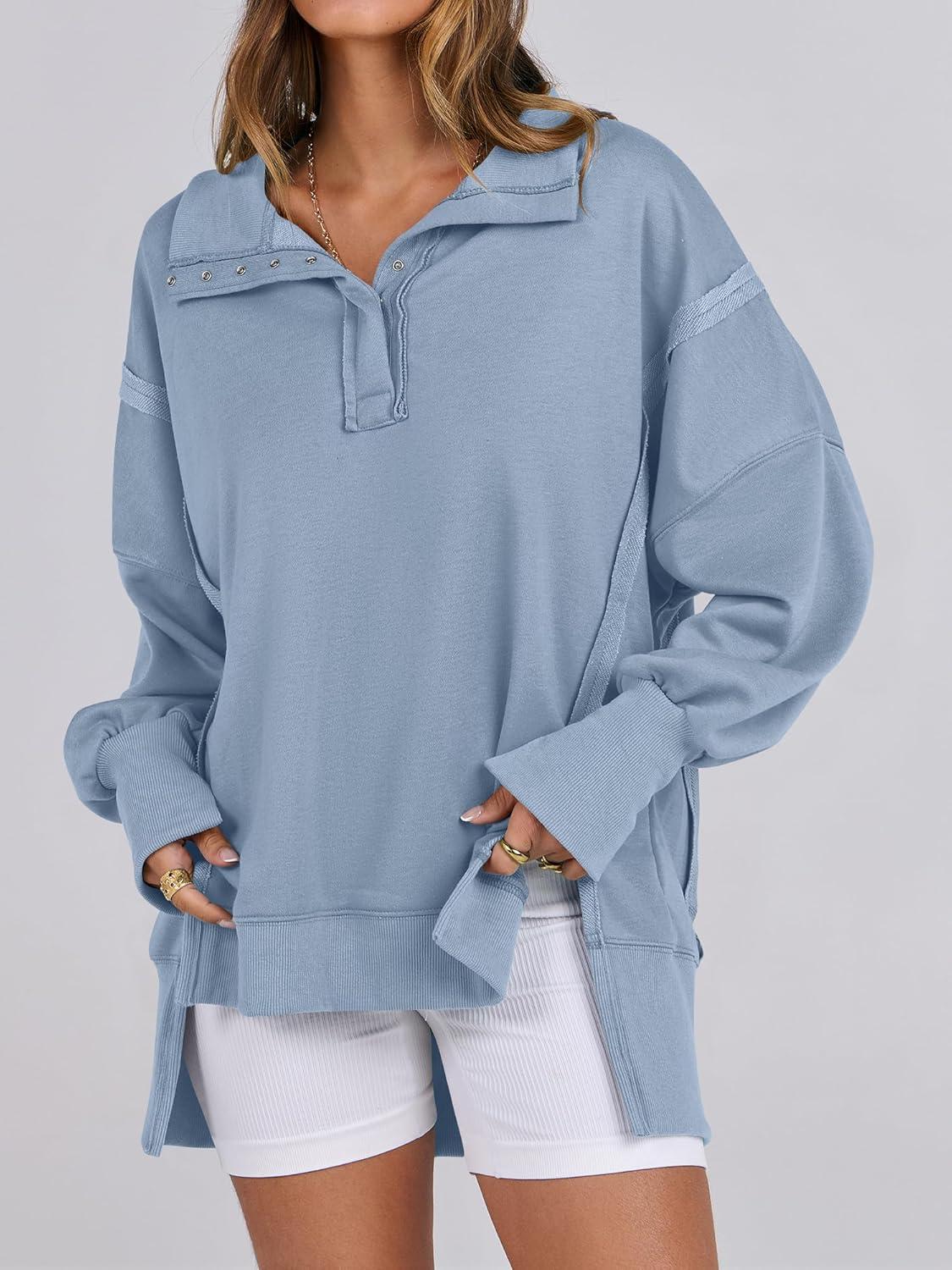 imageANRABESS Womens Sweatshirts Oversized Casual Loose Button Up Henley Pullover Top High Low Split 2025 Fall Fashion OutfitsLight Grey Blue