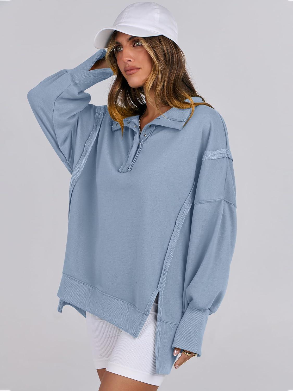 imageANRABESS Womens Sweatshirts Oversized Casual Loose Button Up Henley Pullover Top High Low Split 2025 Fall Fashion OutfitsLight Grey Blue