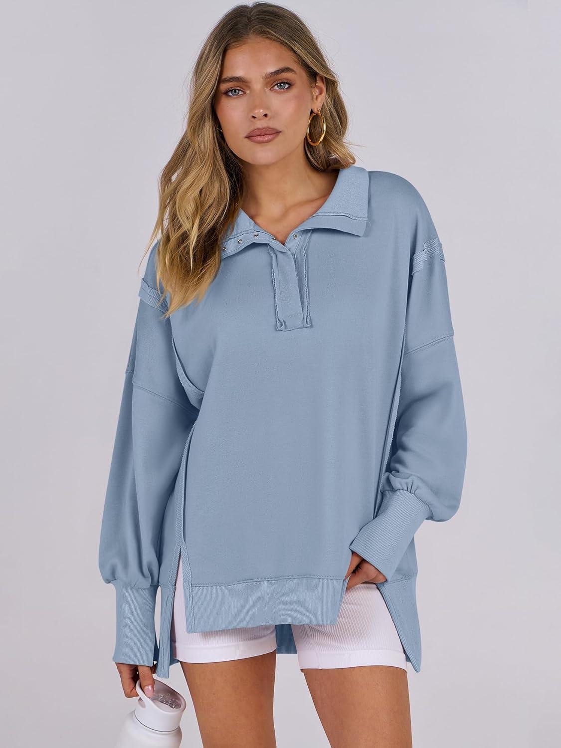 imageANRABESS Womens Sweatshirts Oversized Casual Loose Button Up Henley Pullover Top High Low Split 2025 Fall Fashion OutfitsLight Grey Blue