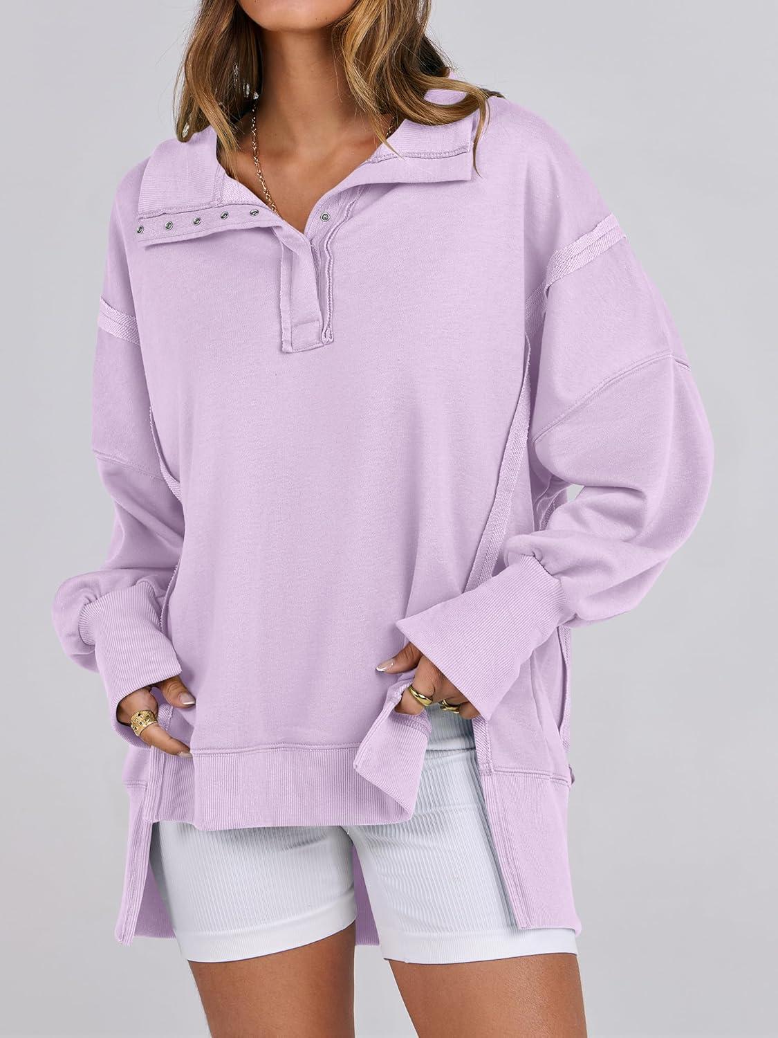 imageANRABESS Womens Sweatshirts Oversized Casual Loose Button Up Henley Pullover Top High Low Split 2025 Fall Fashion OutfitsLight Purple