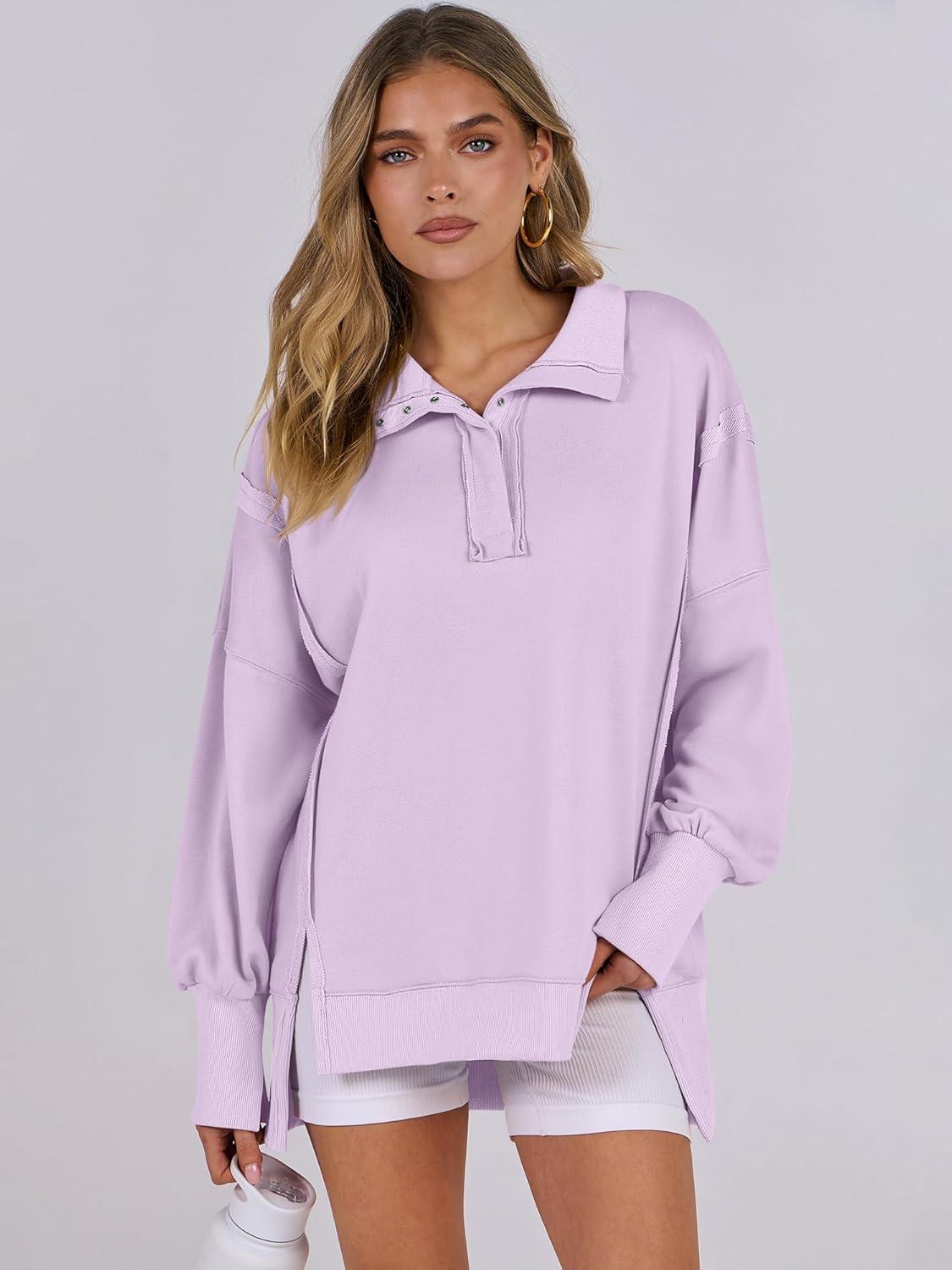 imageANRABESS Womens Sweatshirts Oversized Casual Loose Button Up Henley Pullover Top High Low Split 2025 Fall Fashion OutfitsLight Purple