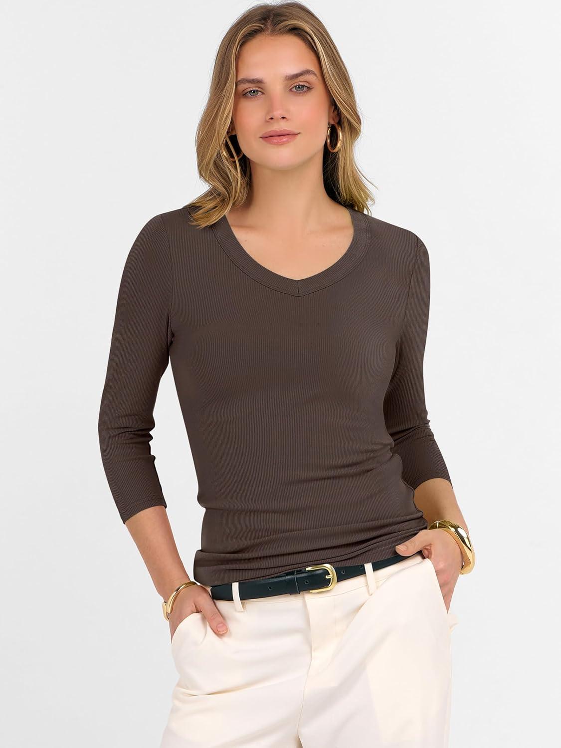 imageANRABESS Womens Tops 34 Sleeve V Neck Ribbed Knit Slim Fit Shirts Basic Tee 2025 Fall Outfits Casual Tshirt Fashion ClothesCoffee