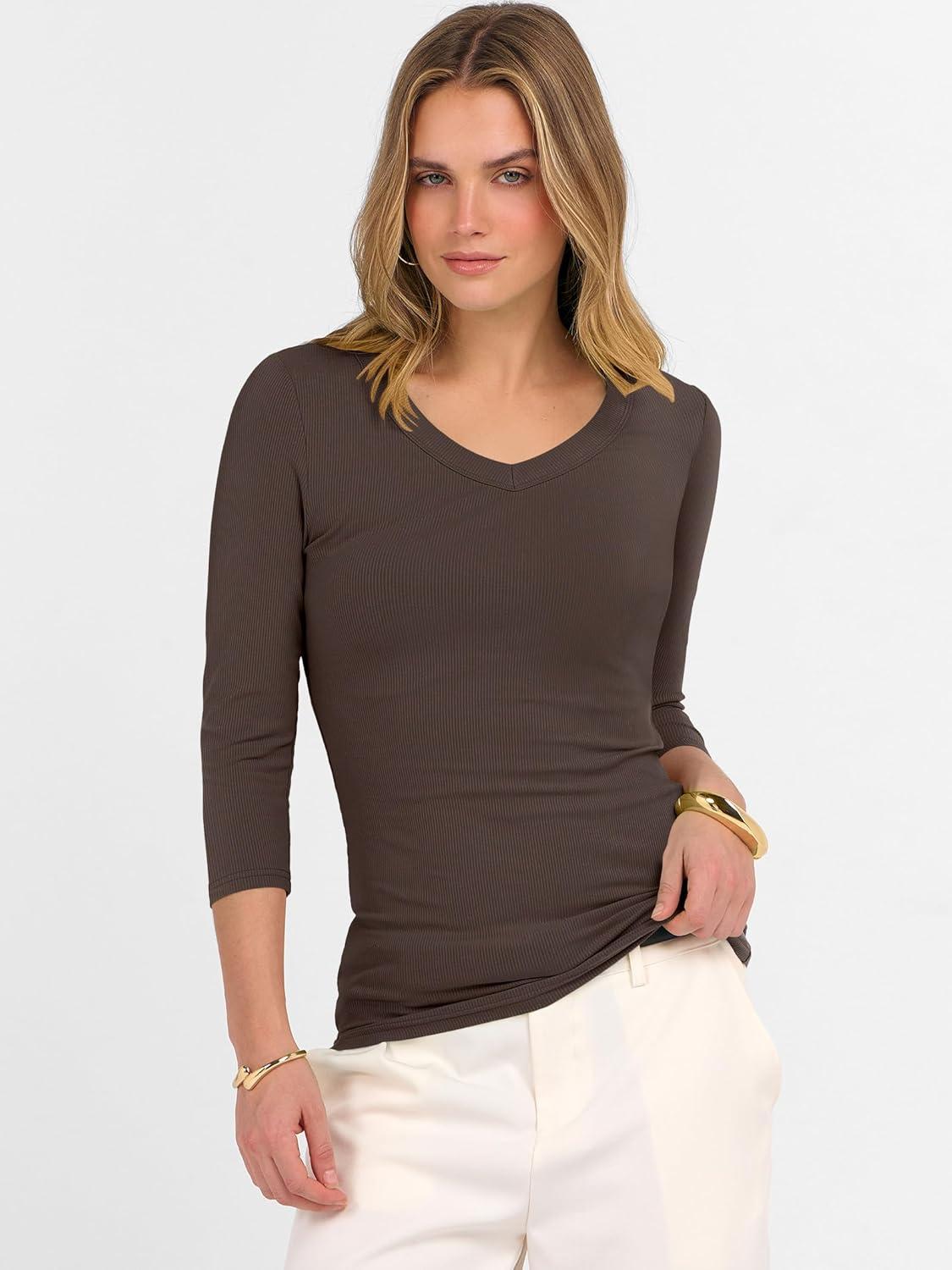 imageANRABESS Womens Tops 34 Sleeve V Neck Ribbed Knit Slim Fit Shirts Basic Tee 2025 Fall Outfits Casual Tshirt Fashion ClothesCoffee