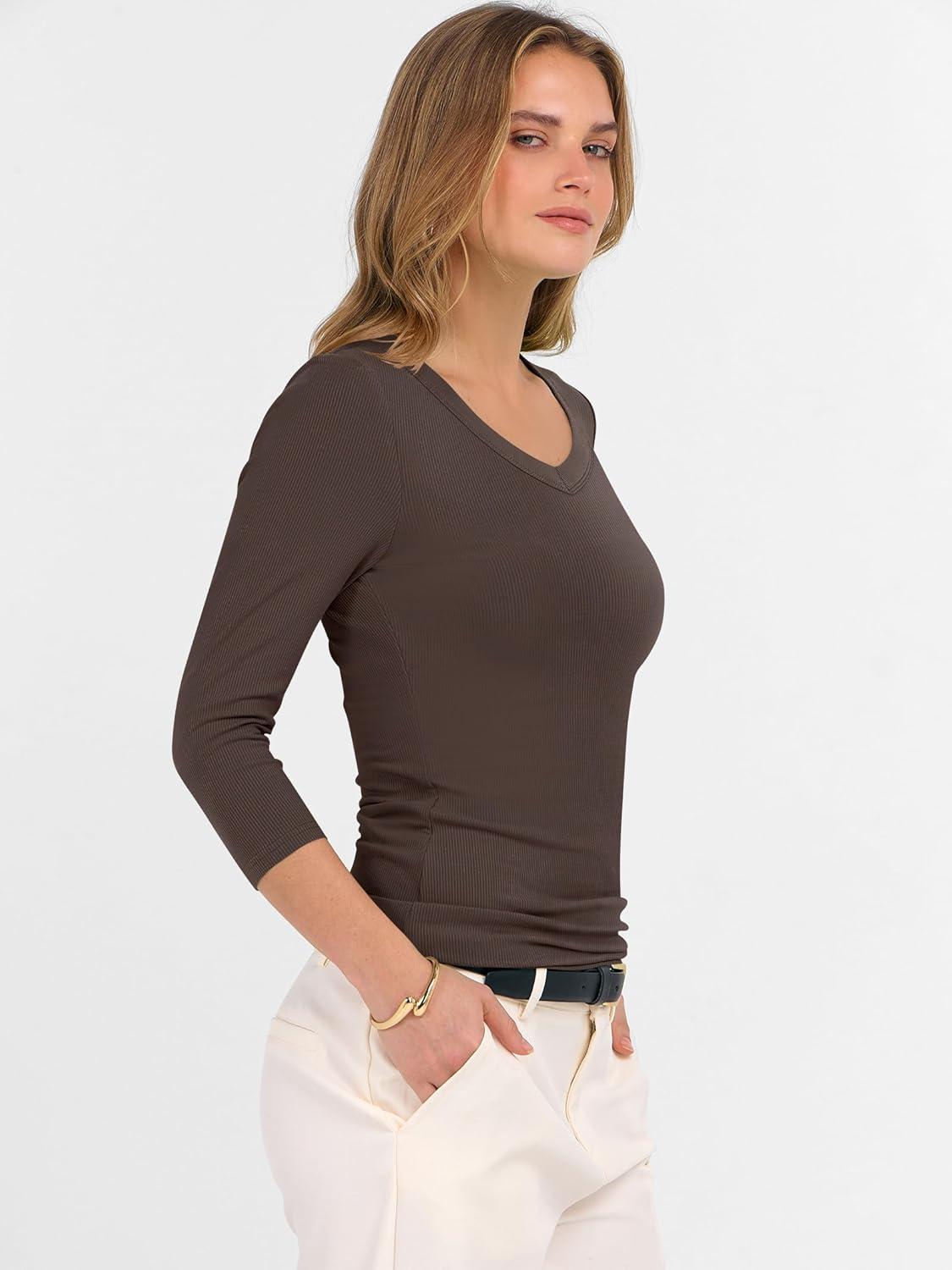 imageANRABESS Womens Tops 34 Sleeve V Neck Ribbed Knit Slim Fit Shirts Basic Tee 2025 Fall Outfits Casual Tshirt Fashion ClothesCoffee