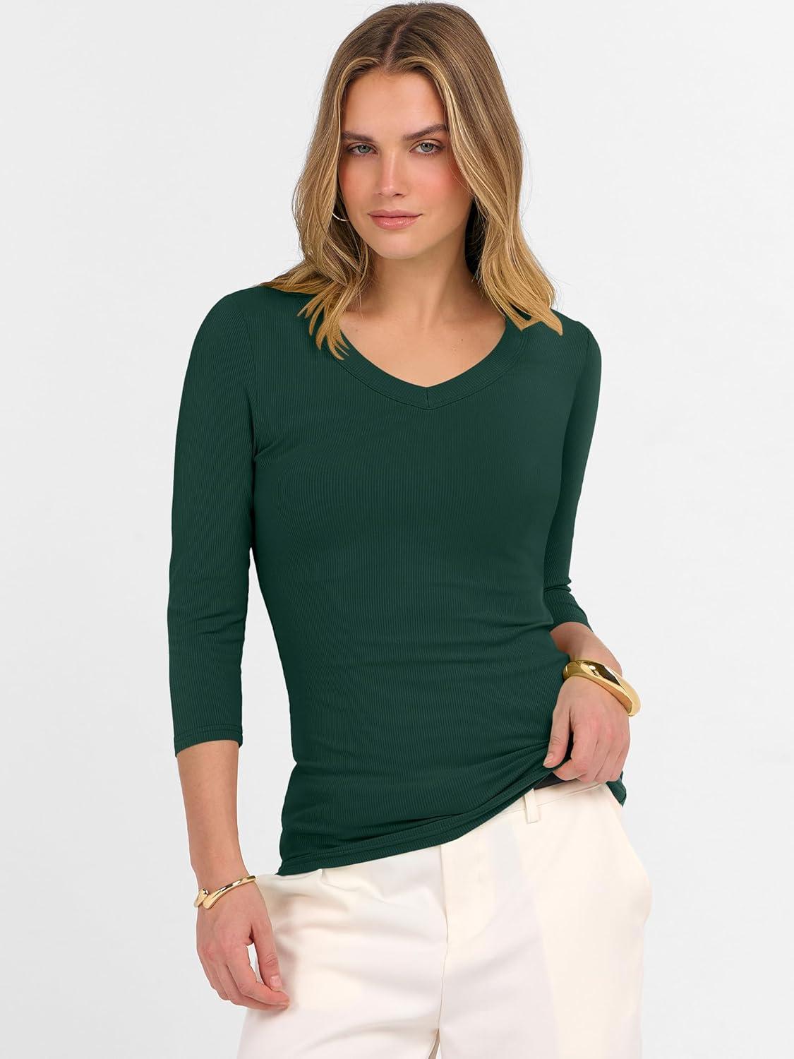 imageANRABESS Womens Tops 34 Sleeve V Neck Ribbed Knit Slim Fit Shirts Basic Tee 2025 Fall Outfits Casual Tshirt Fashion ClothesDeep Green