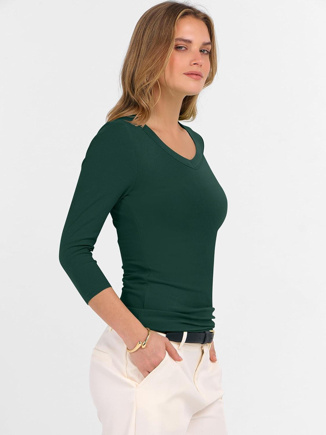 imageANRABESS Womens Tops 34 Sleeve V Neck Ribbed Knit Slim Fit Shirts Basic Tee 2025 Fall Outfits Casual Tshirt Fashion ClothesDeep Green