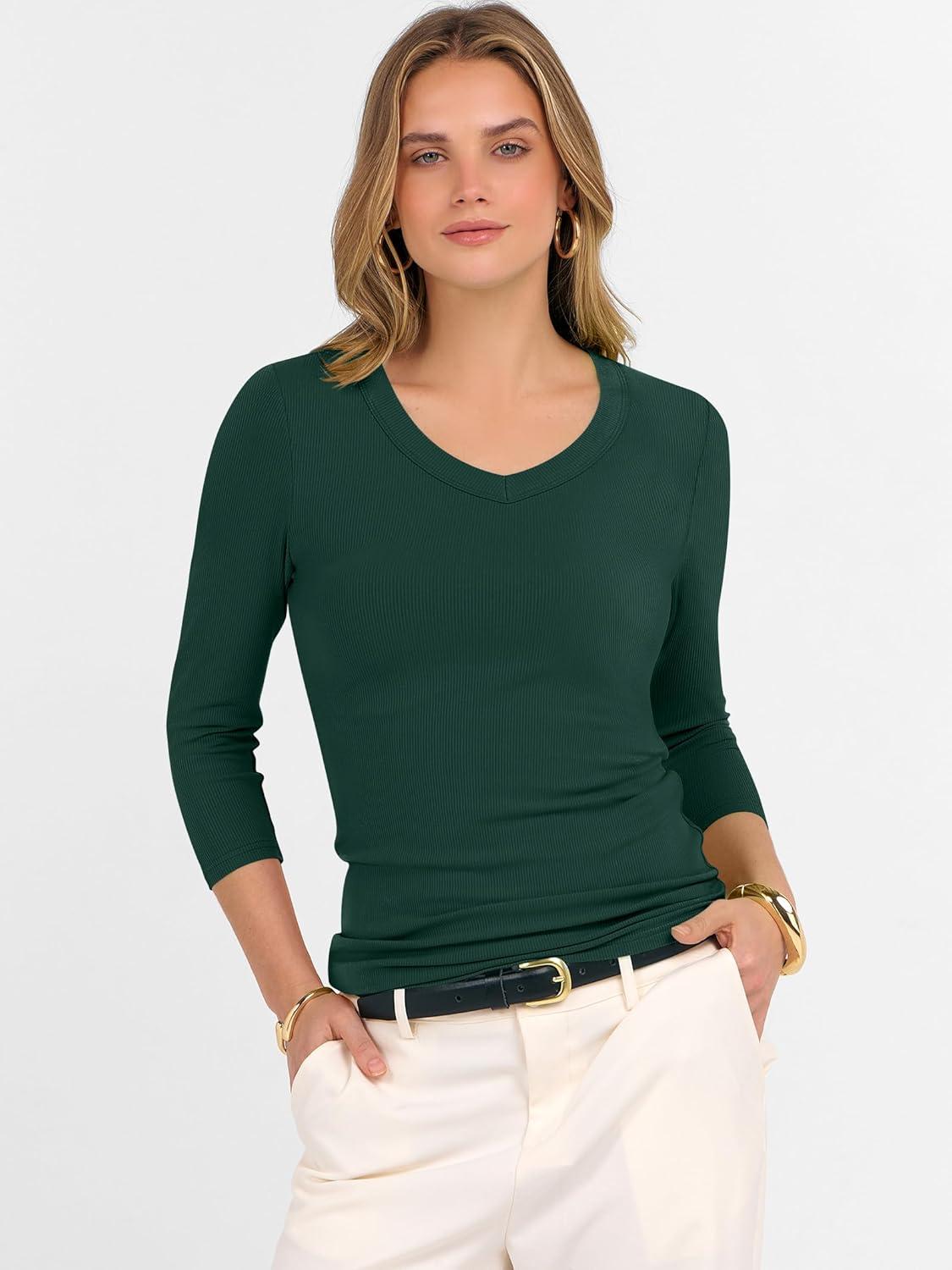 imageANRABESS Womens Tops 34 Sleeve V Neck Ribbed Knit Slim Fit Shirts Basic Tee 2025 Fall Outfits Casual Tshirt Fashion ClothesDeep Green