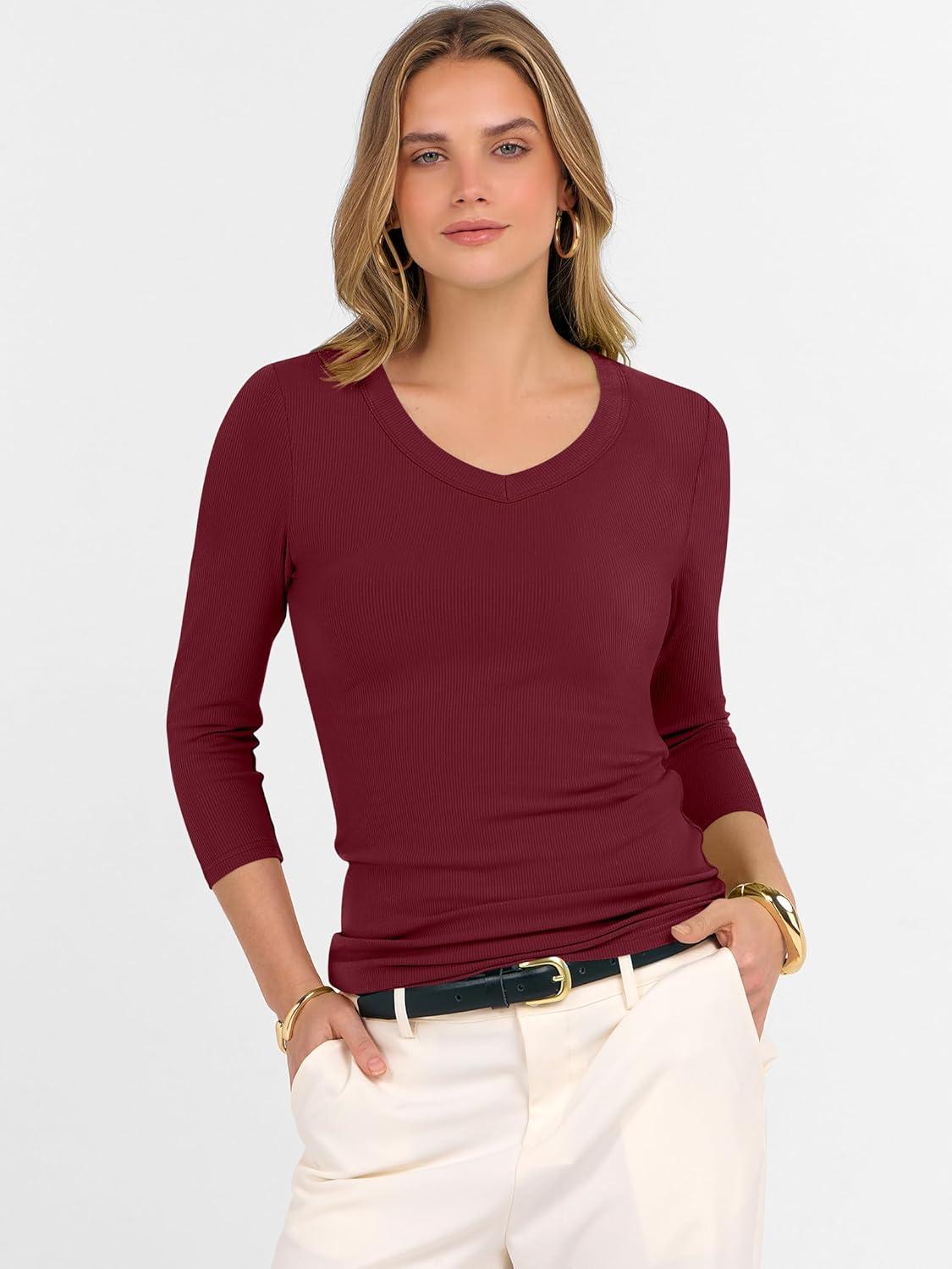 imageANRABESS Womens Tops 34 Sleeve V Neck Ribbed Knit Slim Fit Shirts Basic Tee 2025 Fall Outfits Casual Tshirt Fashion ClothesDeep Red