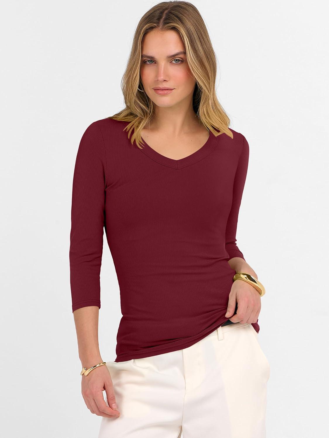 imageANRABESS Womens Tops 34 Sleeve V Neck Ribbed Knit Slim Fit Shirts Basic Tee 2025 Fall Outfits Casual Tshirt Fashion ClothesDeep Red