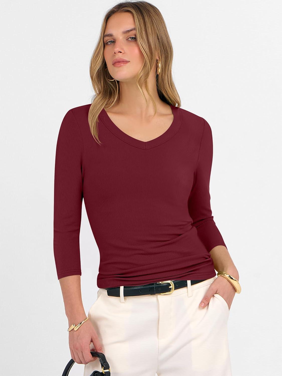 imageANRABESS Womens Tops 34 Sleeve V Neck Ribbed Knit Slim Fit Shirts Basic Tee 2025 Fall Outfits Casual Tshirt Fashion ClothesDeep Red