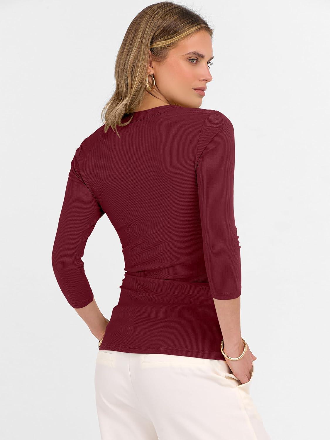 imageANRABESS Womens Tops 34 Sleeve V Neck Ribbed Knit Slim Fit Shirts Basic Tee 2025 Fall Outfits Casual Tshirt Fashion ClothesDeep Red