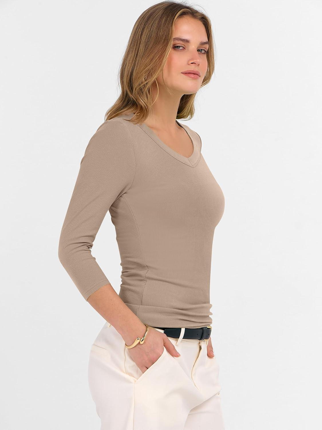 imageANRABESS Womens Tops 34 Sleeve V Neck Ribbed Knit Slim Fit Shirts Basic Tee 2025 Fall Outfits Casual Tshirt Fashion ClothesLight Camel