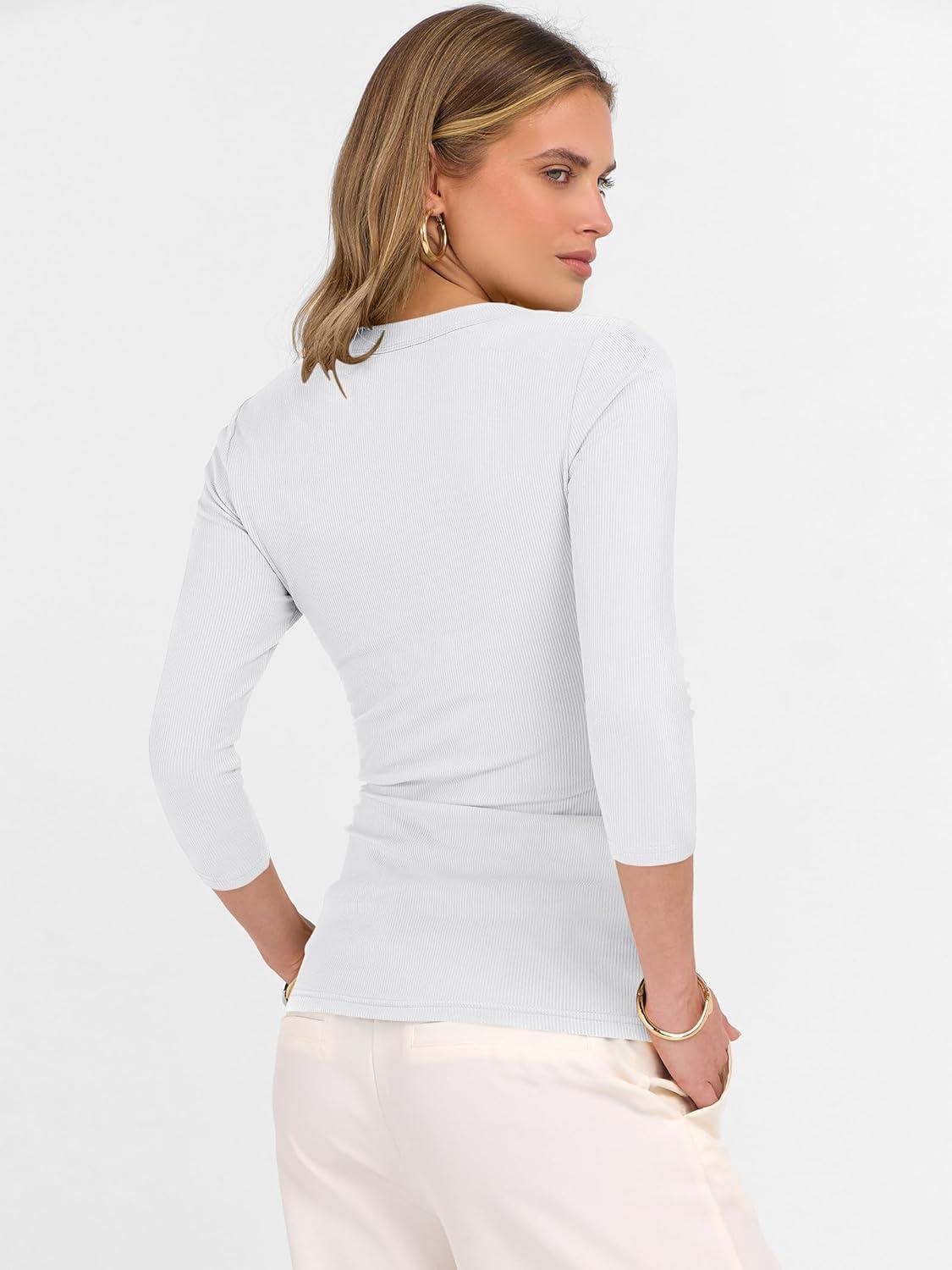 imageANRABESS Womens Tops 34 Sleeve V Neck Ribbed Knit Slim Fit Shirts Basic Tee 2025 Fall Outfits Casual Tshirt Fashion ClothesWhite