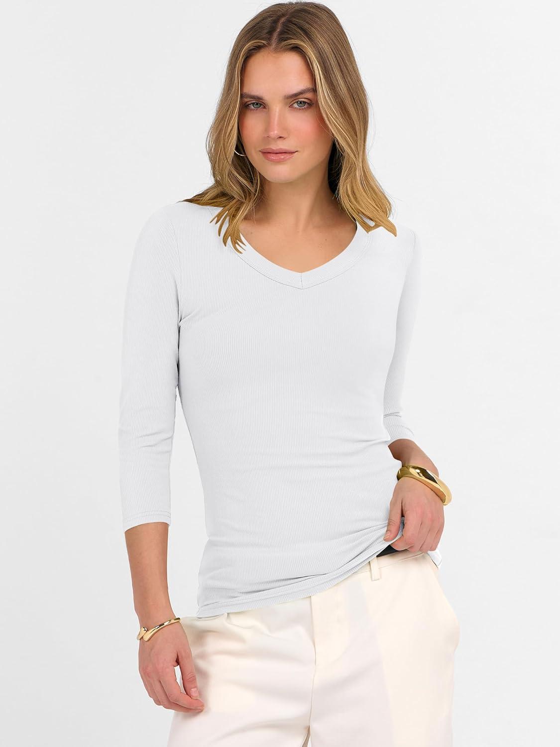 imageANRABESS Womens Tops 34 Sleeve V Neck Ribbed Knit Slim Fit Shirts Basic Tee 2025 Fall Outfits Casual Tshirt Fashion ClothesWhite