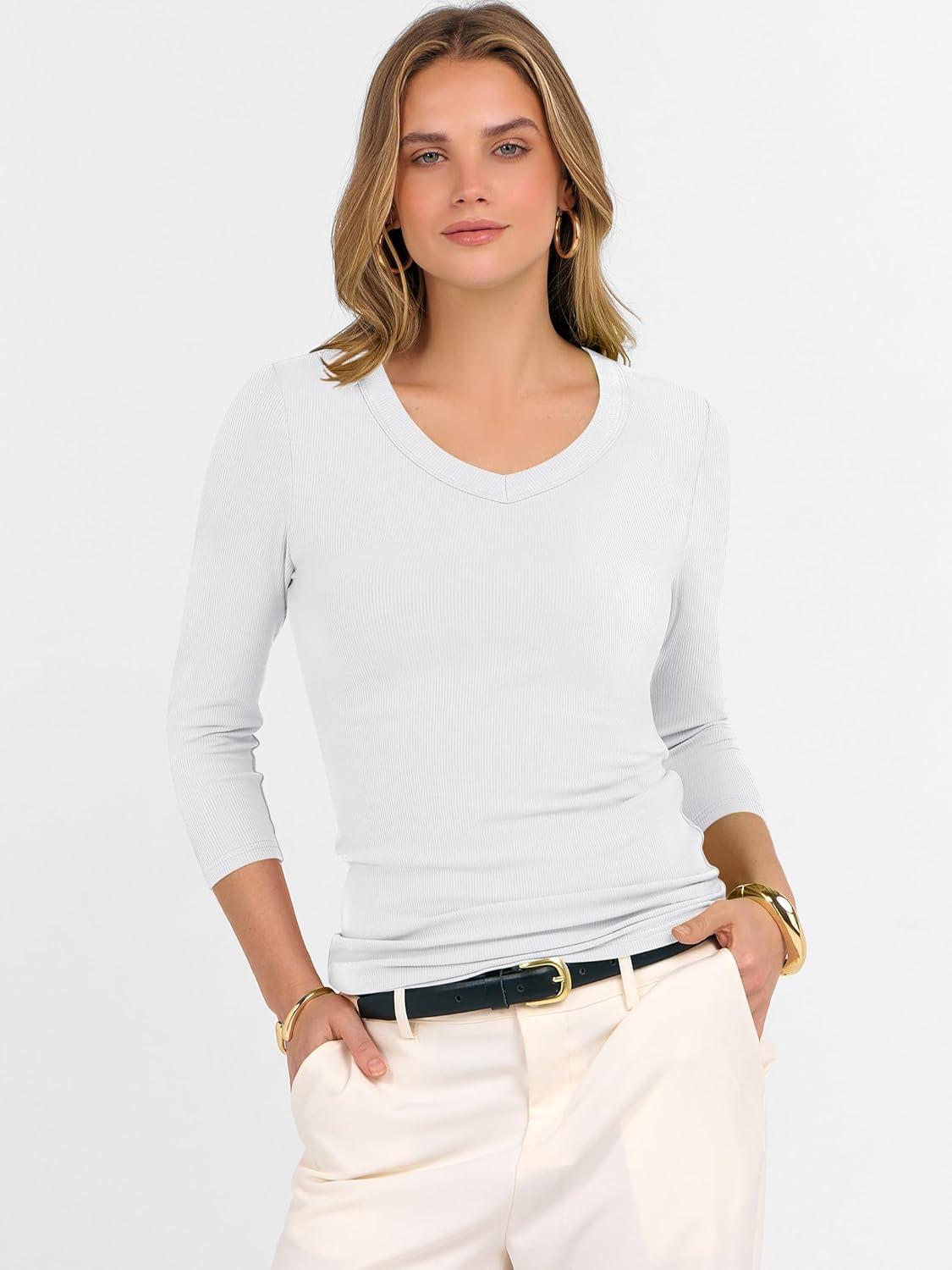 imageANRABESS Womens Tops 34 Sleeve V Neck Ribbed Knit Slim Fit Shirts Basic Tee 2025 Fall Outfits Casual Tshirt Fashion ClothesWhite
