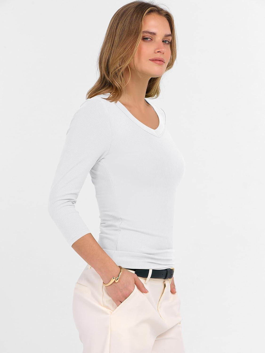 imageANRABESS Womens Tops 34 Sleeve V Neck Ribbed Knit Slim Fit Shirts Basic Tee 2025 Fall Outfits Casual Tshirt Fashion ClothesWhite