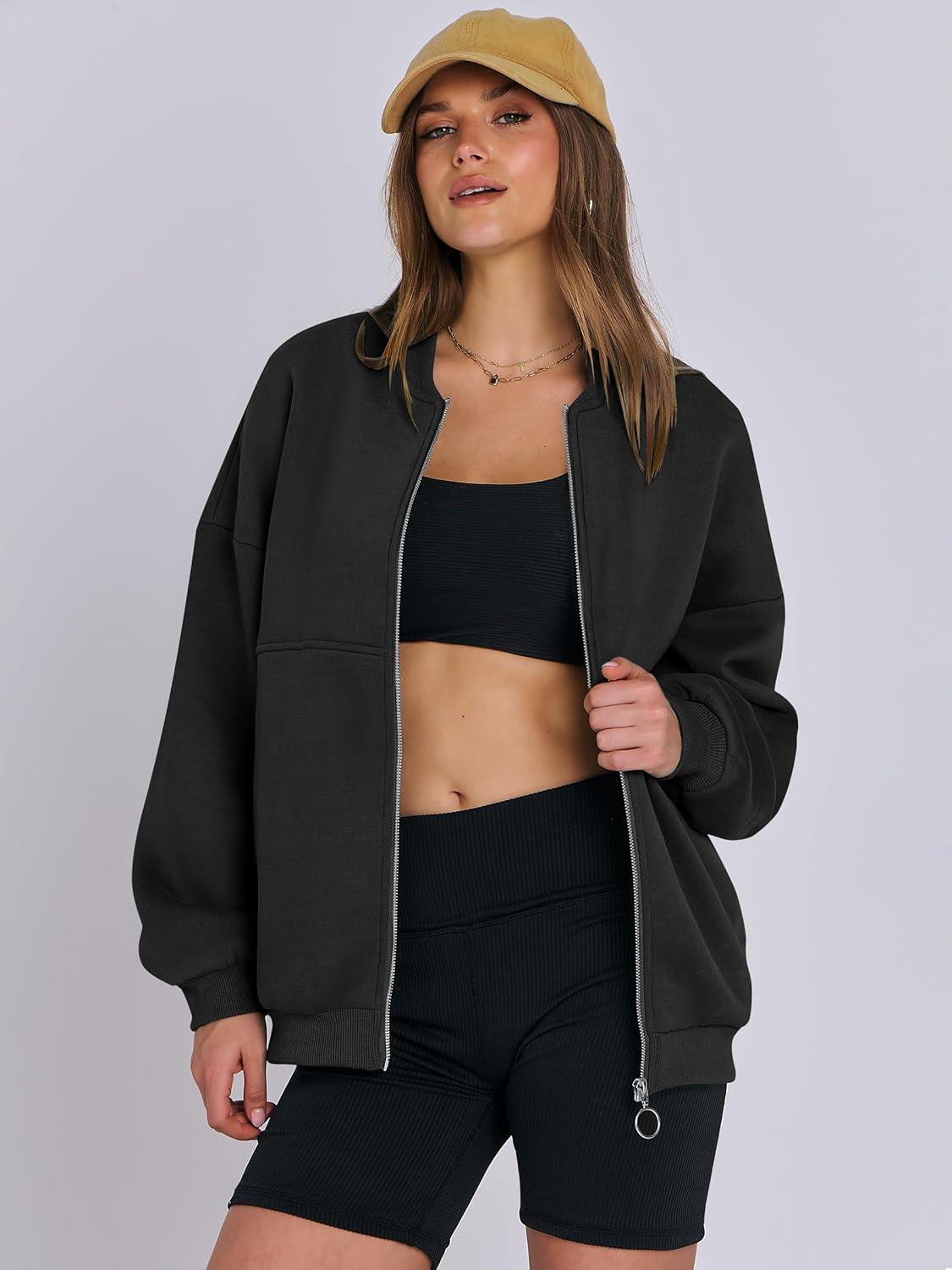 imageANRABESS Womens Zip up Oversized Sweatshirts Fleece jacket Coat Long Sleeve Casual Hoodie 2025 Fall Teen Girl Top ClothesBlack
