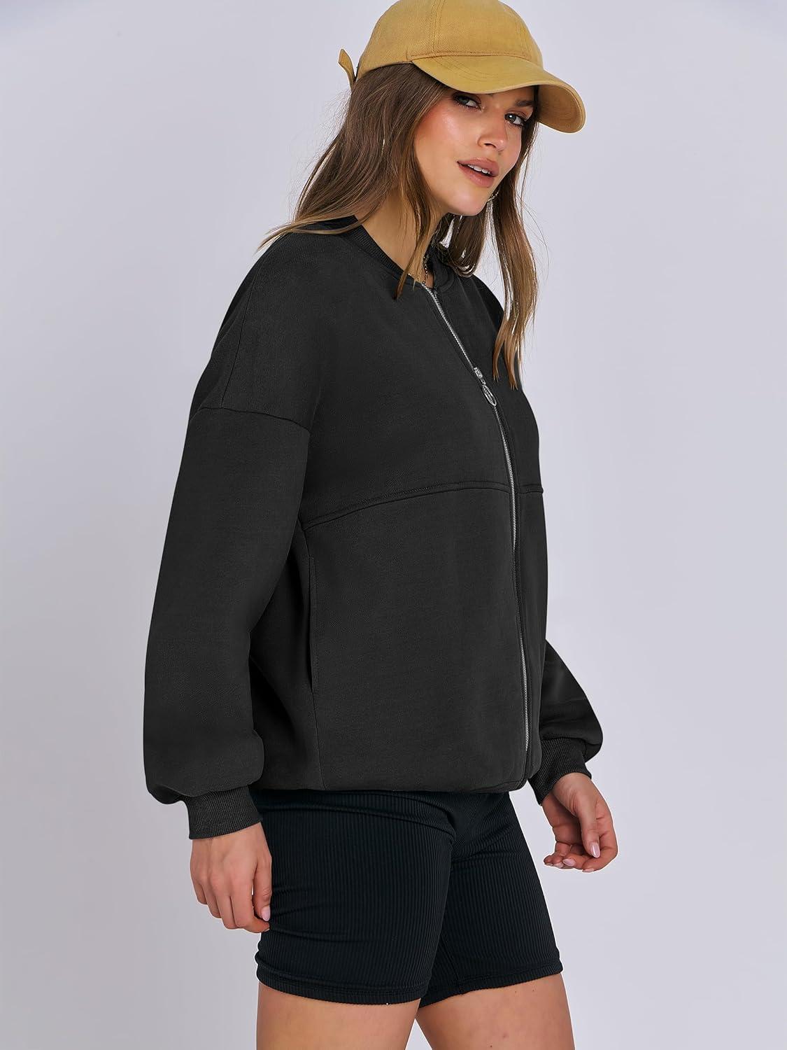 imageANRABESS Womens Zip up Oversized Sweatshirts Fleece jacket Coat Long Sleeve Casual Hoodie 2025 Fall Teen Girl Top ClothesBlack