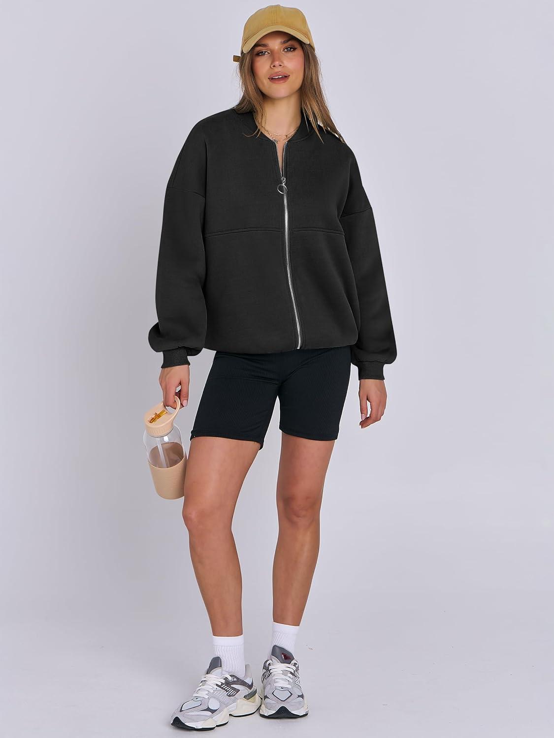 imageANRABESS Womens Zip up Oversized Sweatshirts Fleece jacket Coat Long Sleeve Casual Hoodie 2025 Fall Teen Girl Top ClothesBlack