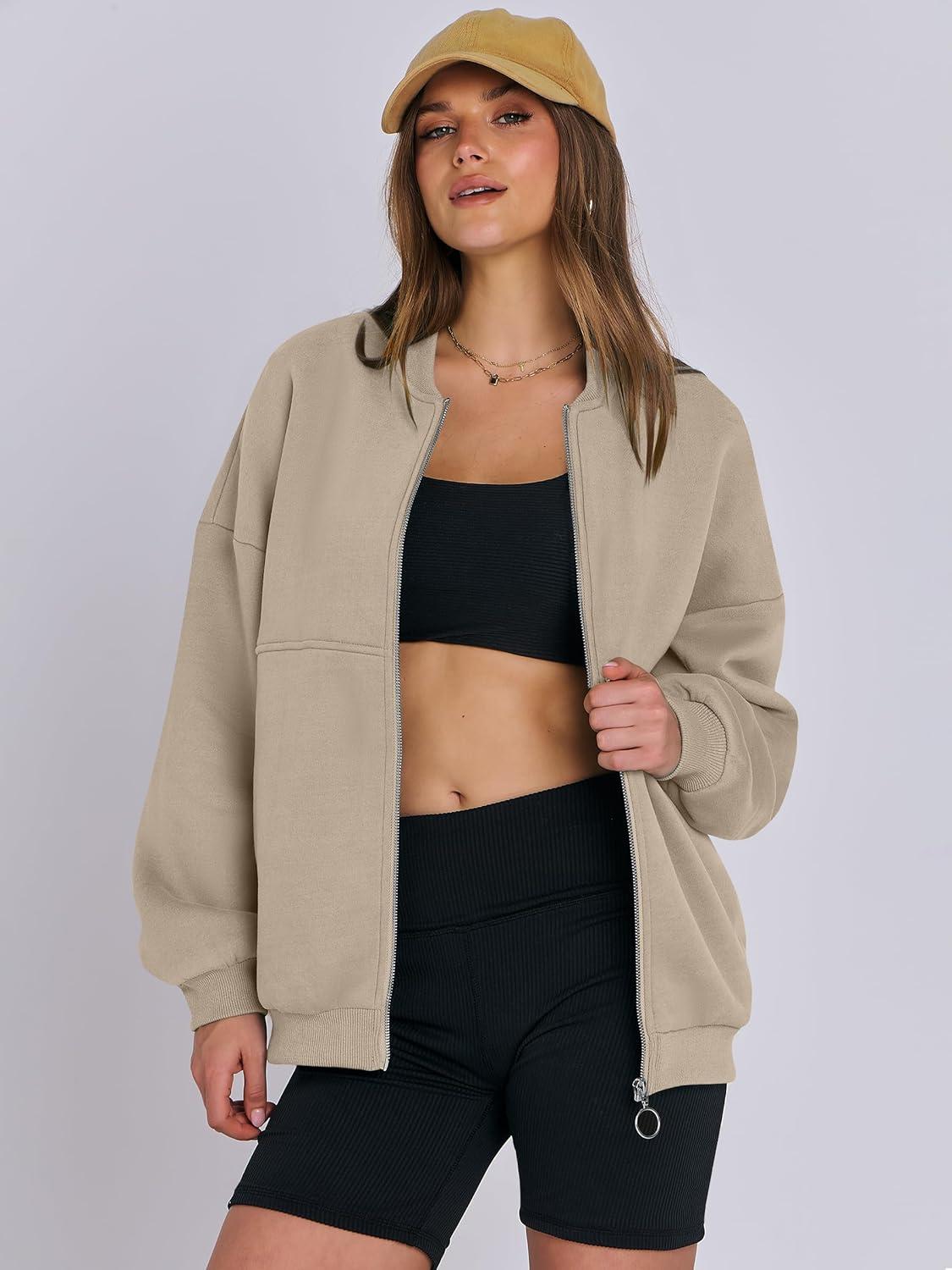 imageANRABESS Womens Zip up Oversized Sweatshirts Fleece jacket Coat Long Sleeve Casual Hoodie 2025 Fall Teen Girl Top ClothesBrown