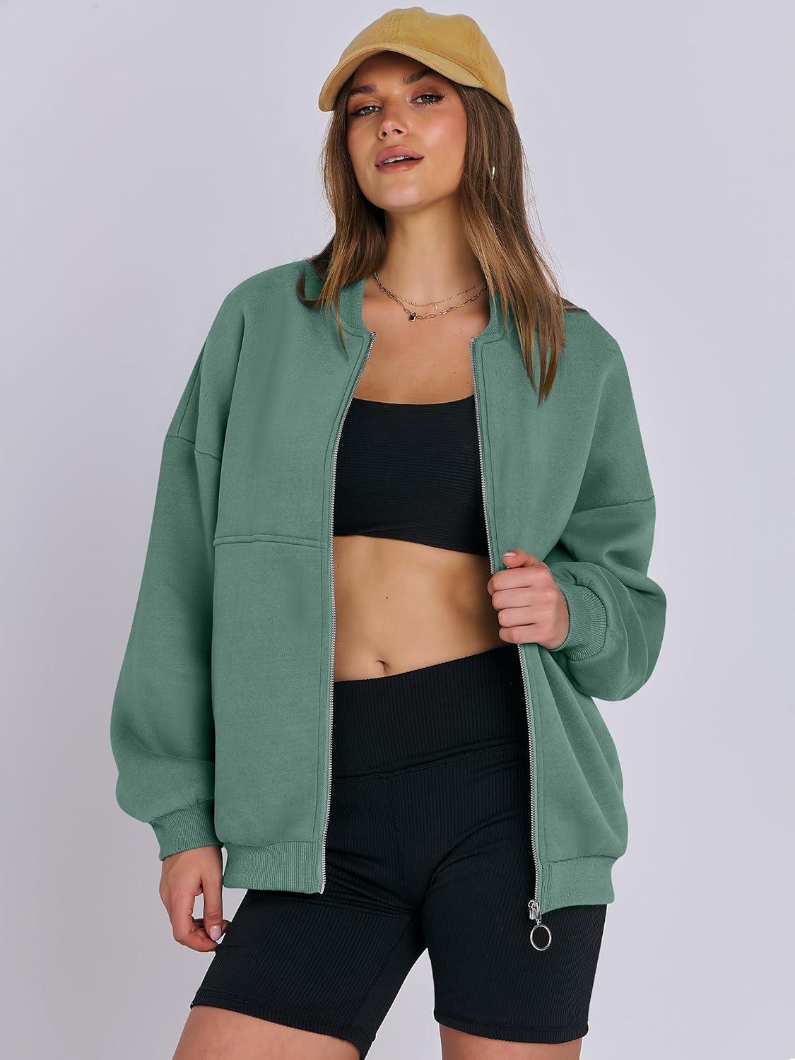 imageANRABESS Womens Zip up Oversized Sweatshirts Fleece jacket Coat Long Sleeve Casual Hoodie 2025 Fall Teen Girl Top ClothesLake Green