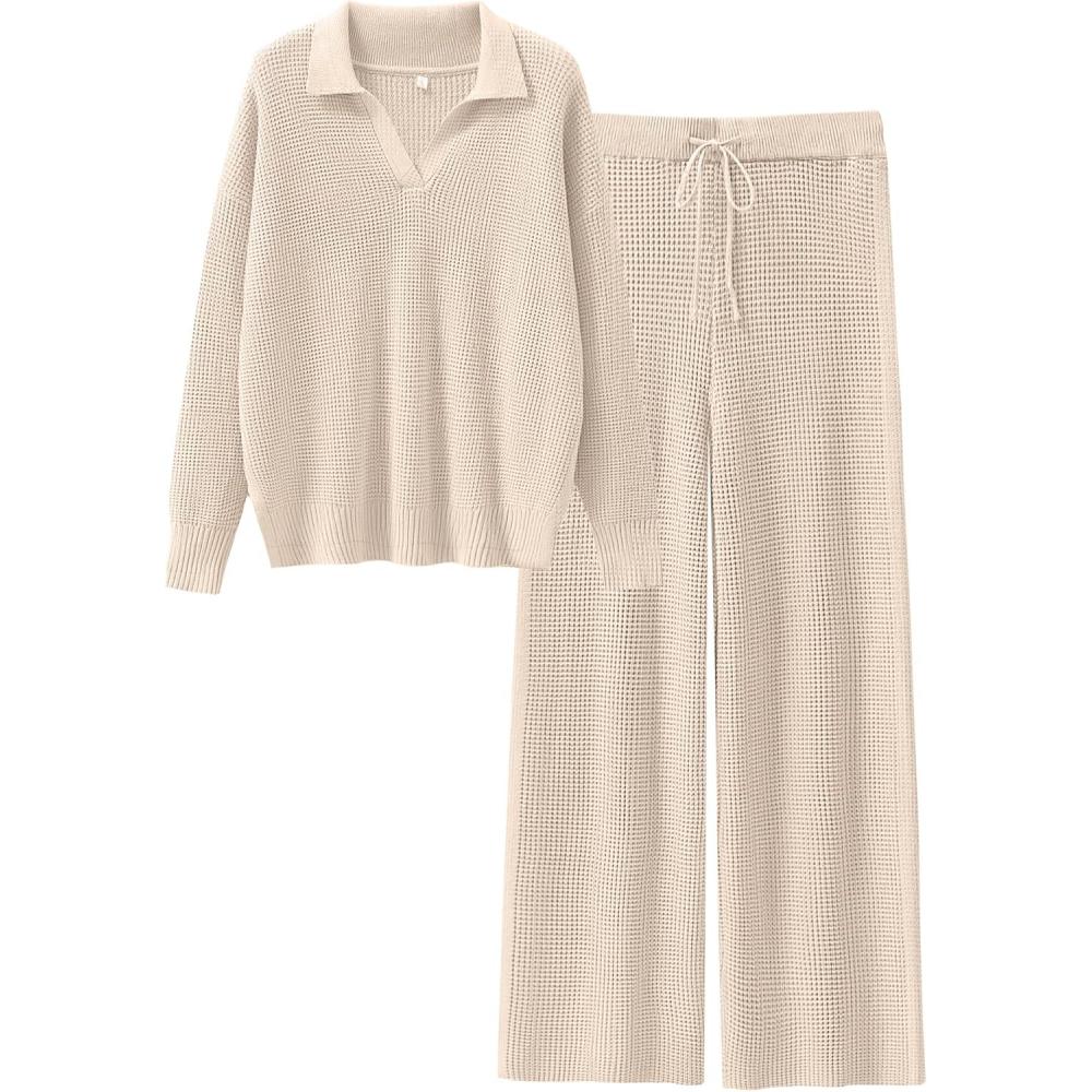 imageANRABESS Women Two Piece Outfits Sweater Sets Lounge Waffle Knit Pullover Matching Wide Leg Pants Tracksuit 2025 Fall Fashion